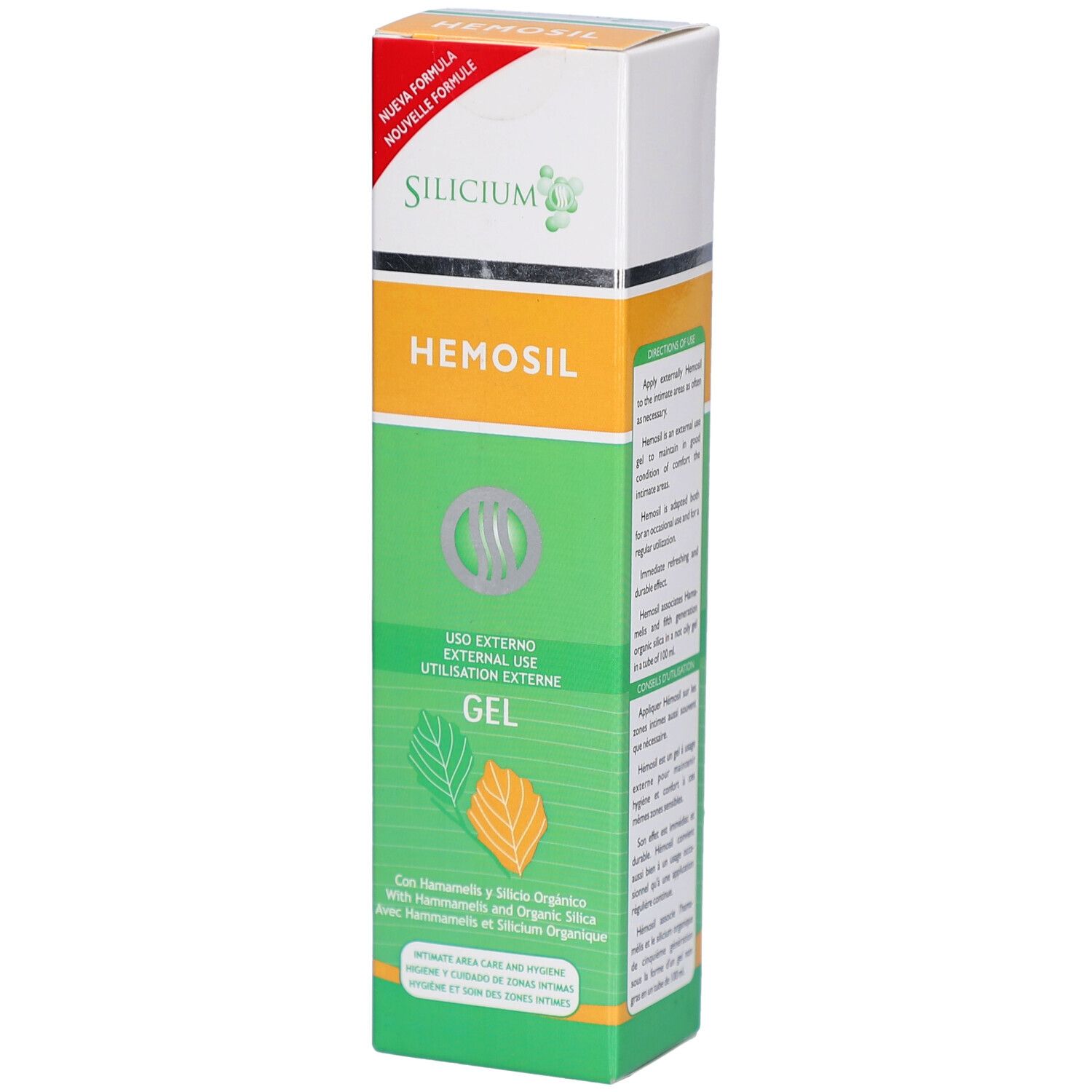 Gel-Tube mit Produktnamen und Inhaltsangaben. Grün-weißes Design mit Blättern. Text: Silicium Hémosil Gel Usage Externe.
