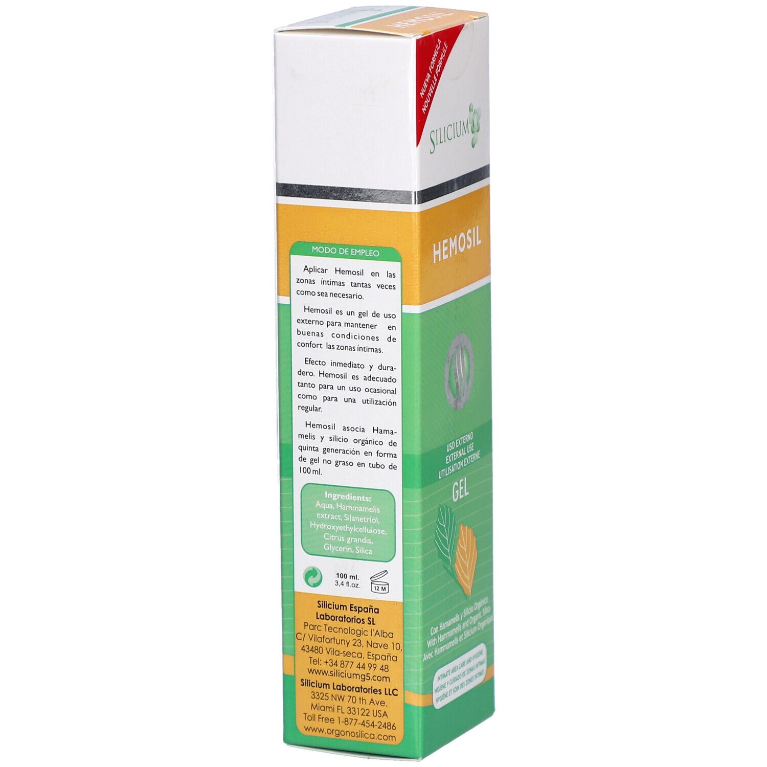 Rückseite der Gel-Tube. Text mit Anweisungen und Inhaltsstoffen. Herstellerinformationen und Logo. Weißer Hintergrund.