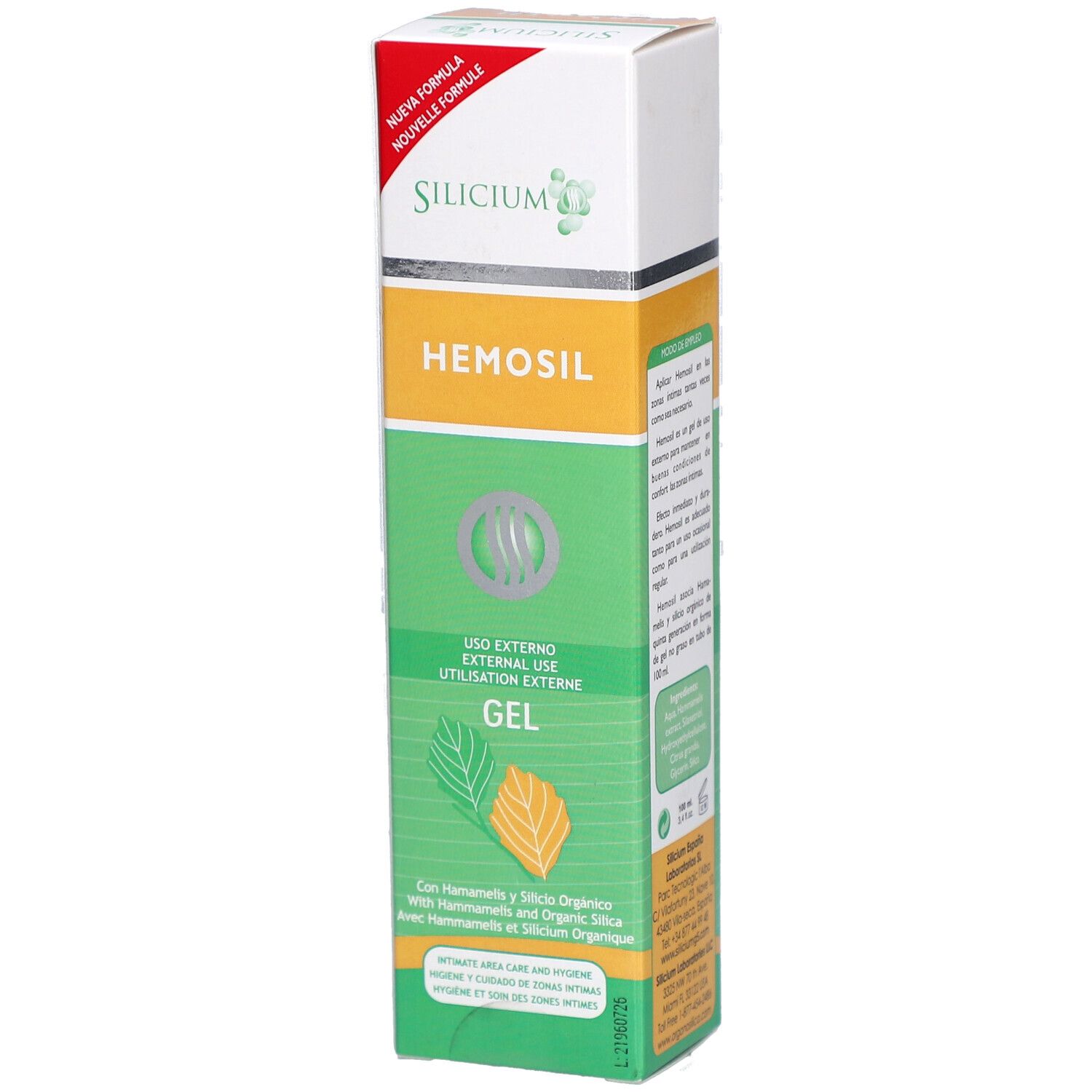 Gel-Tube mit Produktnamen und Inhaltsangaben. Grün-weißes Design mit Blättern. Text: Silicium Hémosil Gel Usage Externe.