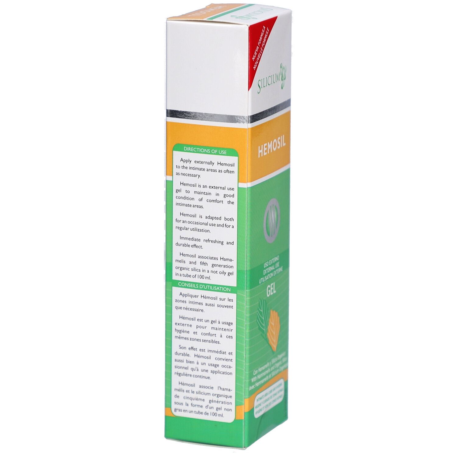 Seite der Gel-Tube mit Anweisungen. Grün-weißes Design. Text: Silicium Hémosil Gel. Anwendungshinweise.