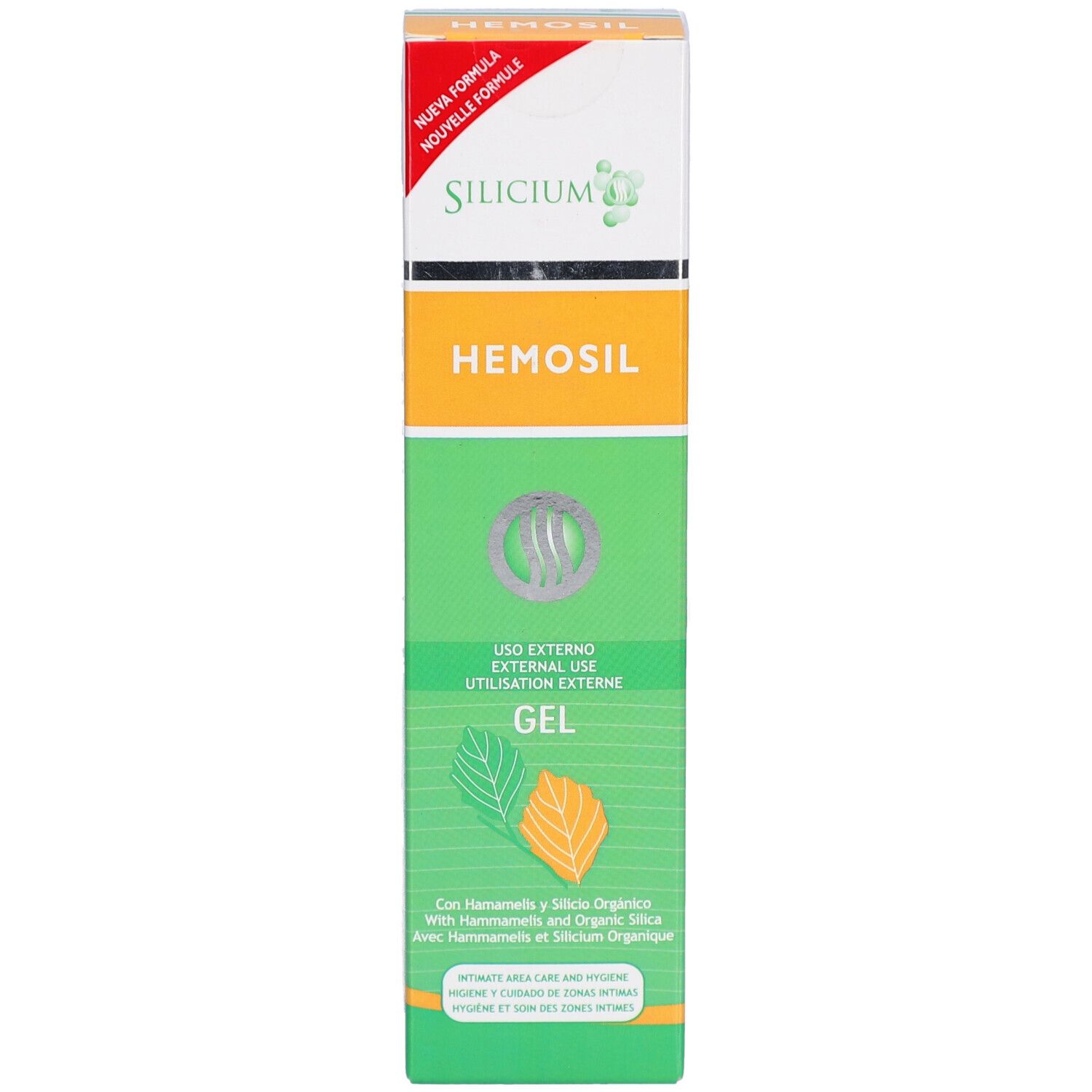 Gel-Tube mit Produktnamen und Inhaltsangaben. Grün-weißes Design mit Blättern. Text: Silicium Hémosil Gel Usage Externe.