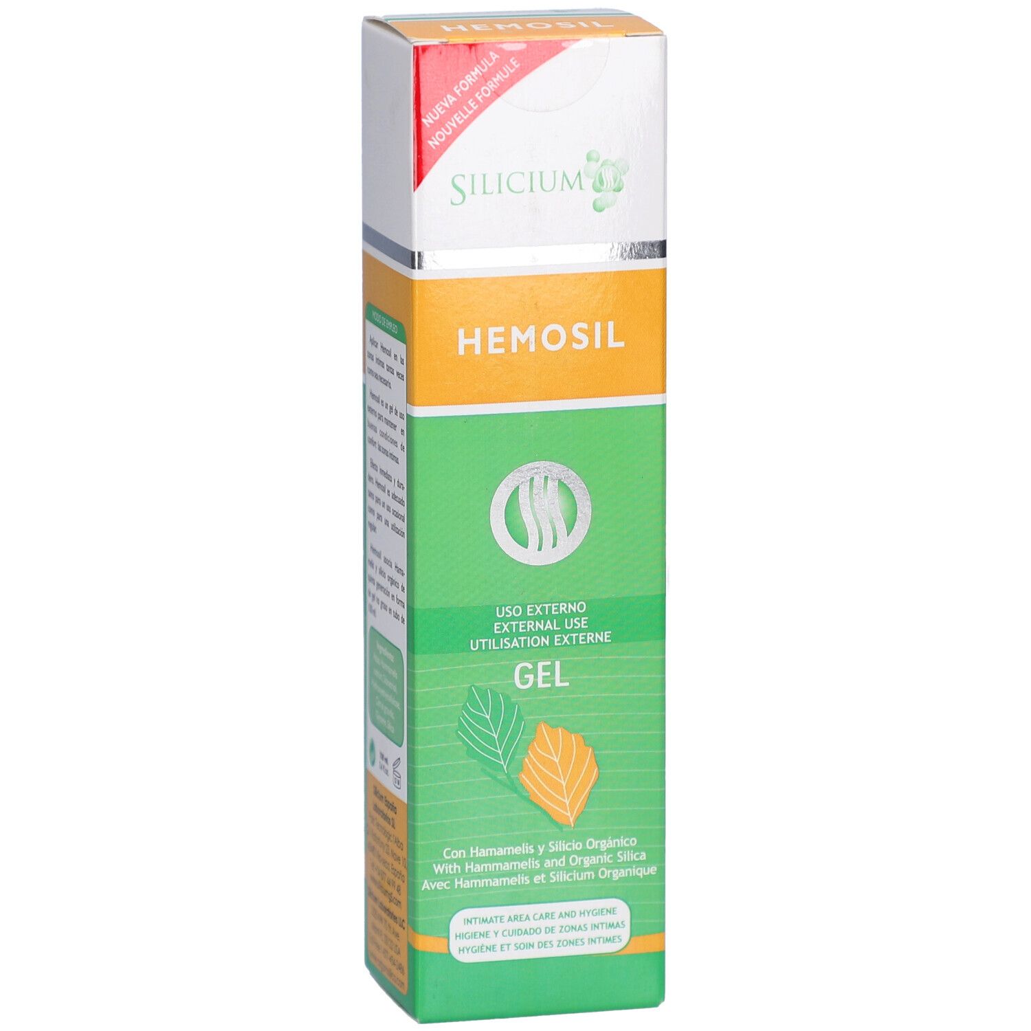 Gel-Tube mit Produktnamen und Inhaltsangaben. Grün-weißes Design mit Blättern. Text: Silicium Hémosil Gel Usage Externe.