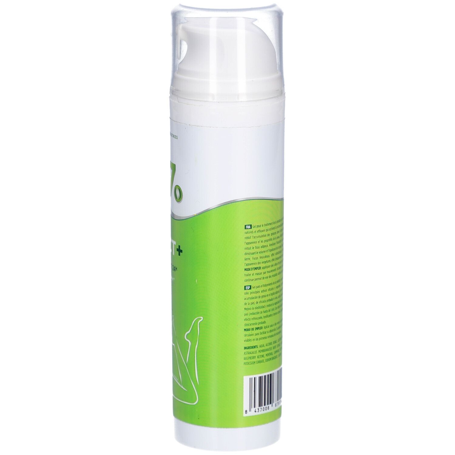 Weisse Flasche mit grünem Etikett. Text auf Französisch. Mit Dosierkopf.