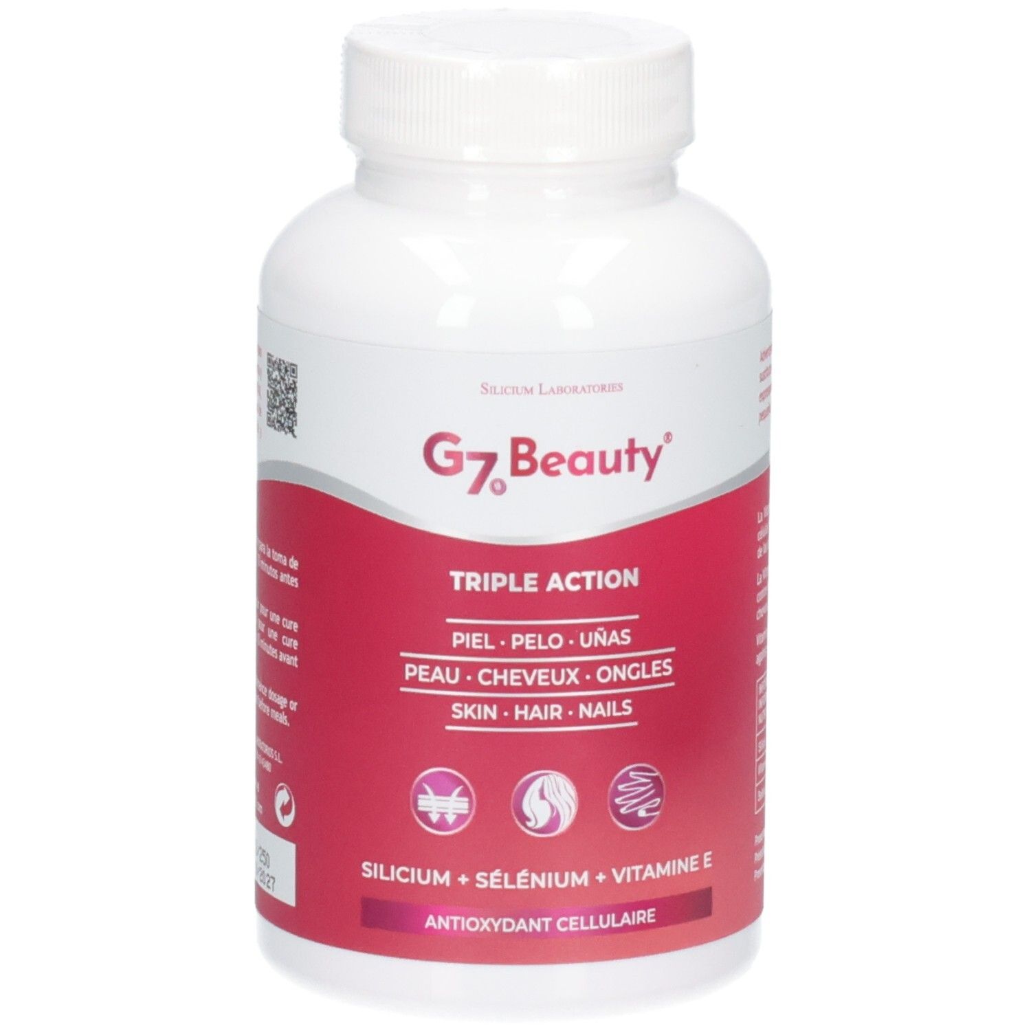 G7 Beauty Triple Action Kapselbehälter mit Etikett, das Haut, Haare und Nägel anzeigt.