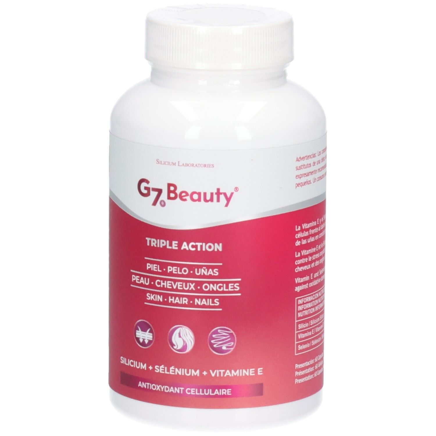 Vorderseite eines G7 Beauty Triple Action Kapselbehälters mit Etikett, das Haut, Haare und Nägel anzeigt.