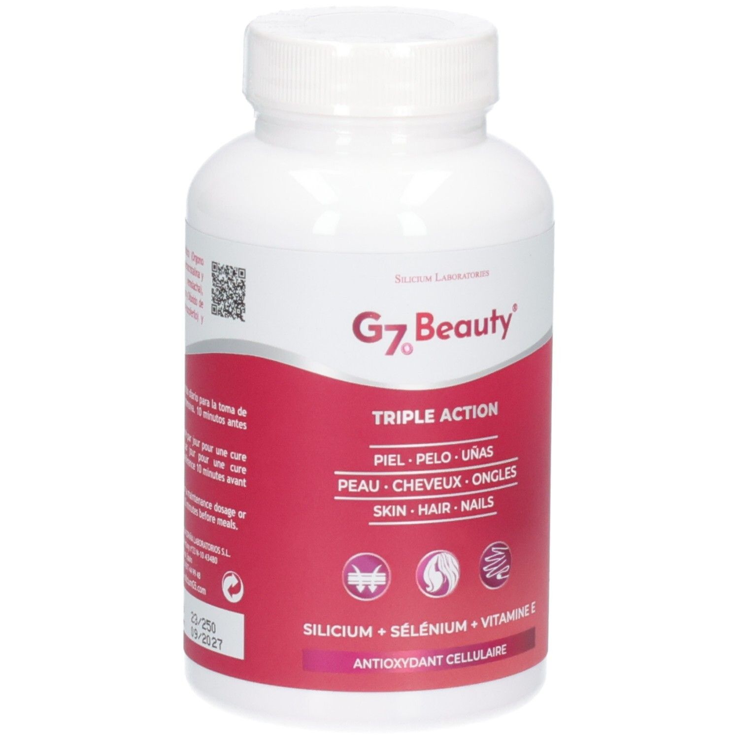 G7 Beauty Triple Action Kapselbehälter mit Etikett, das Haut, Haare und Nägel anzeigt.