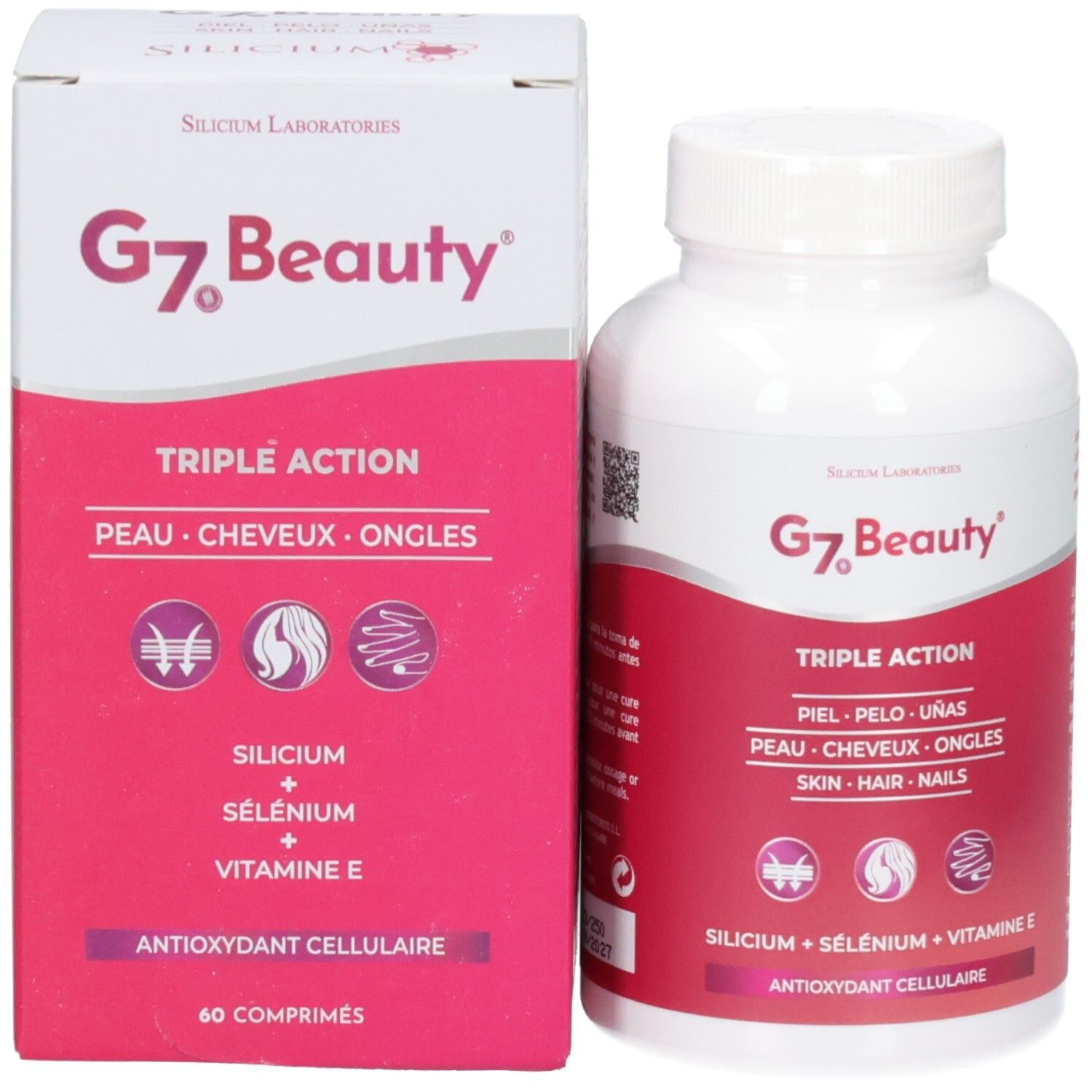 G7 Beauty Triple Action Kapselbehälter und Verpackungsbox mit Etiketten.