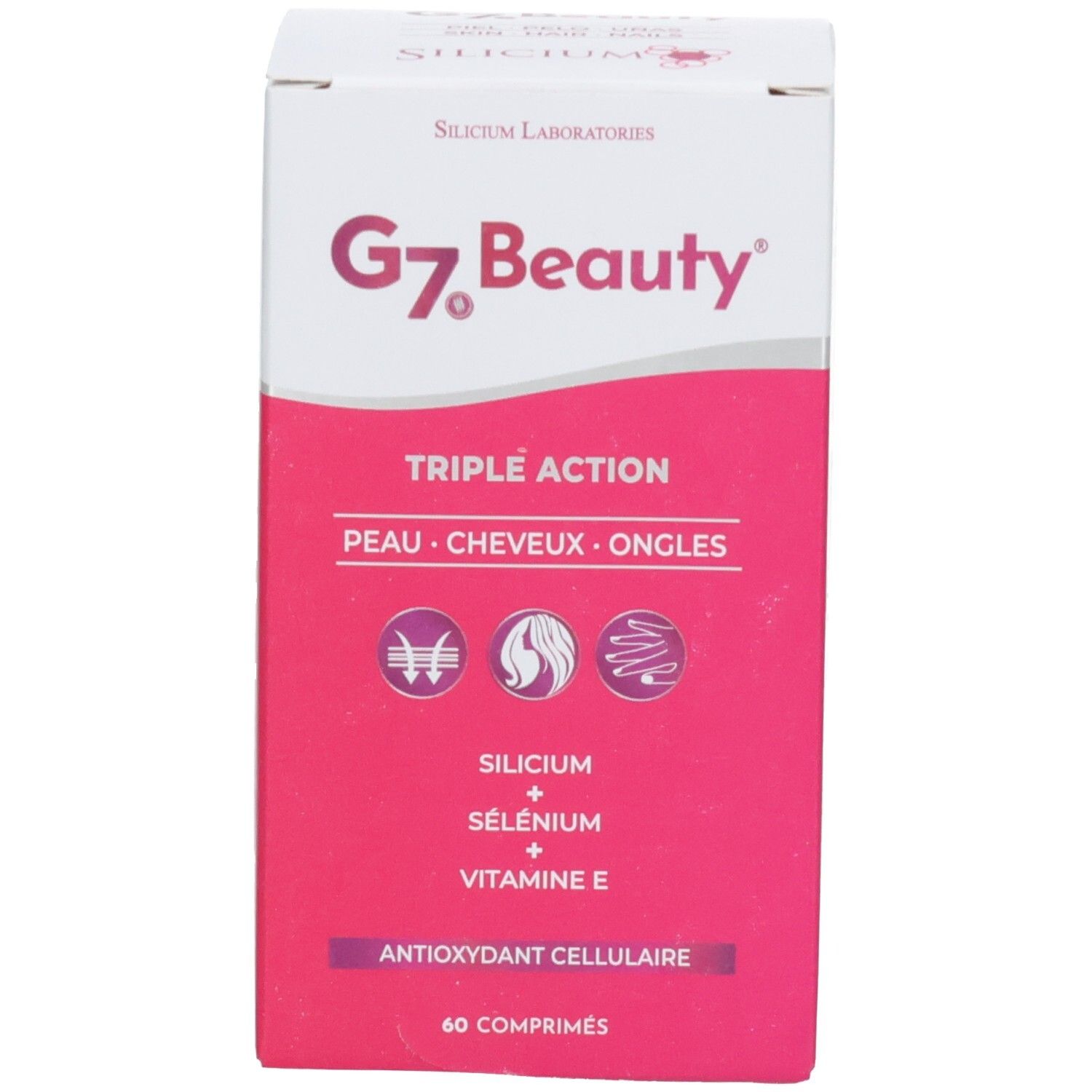 Verpackungsbox G7 Beauty Triple Action mit Etikett, das Haut, Haare und Nägel anzeigt.