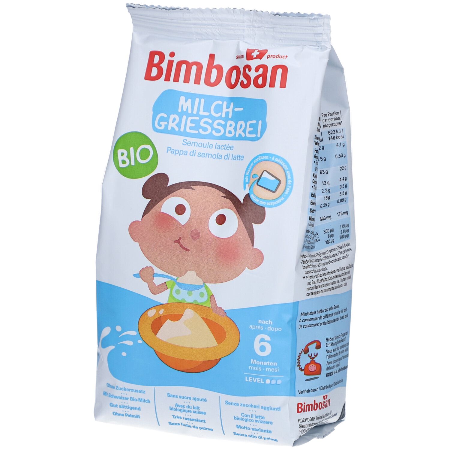 Bimbosan Bio-Milchgriessbrei Beutel. Verpackung mit Produktabbildung und Logo. Enthält Informationen zu Inhaltsstoffen und Altersempfehlung.