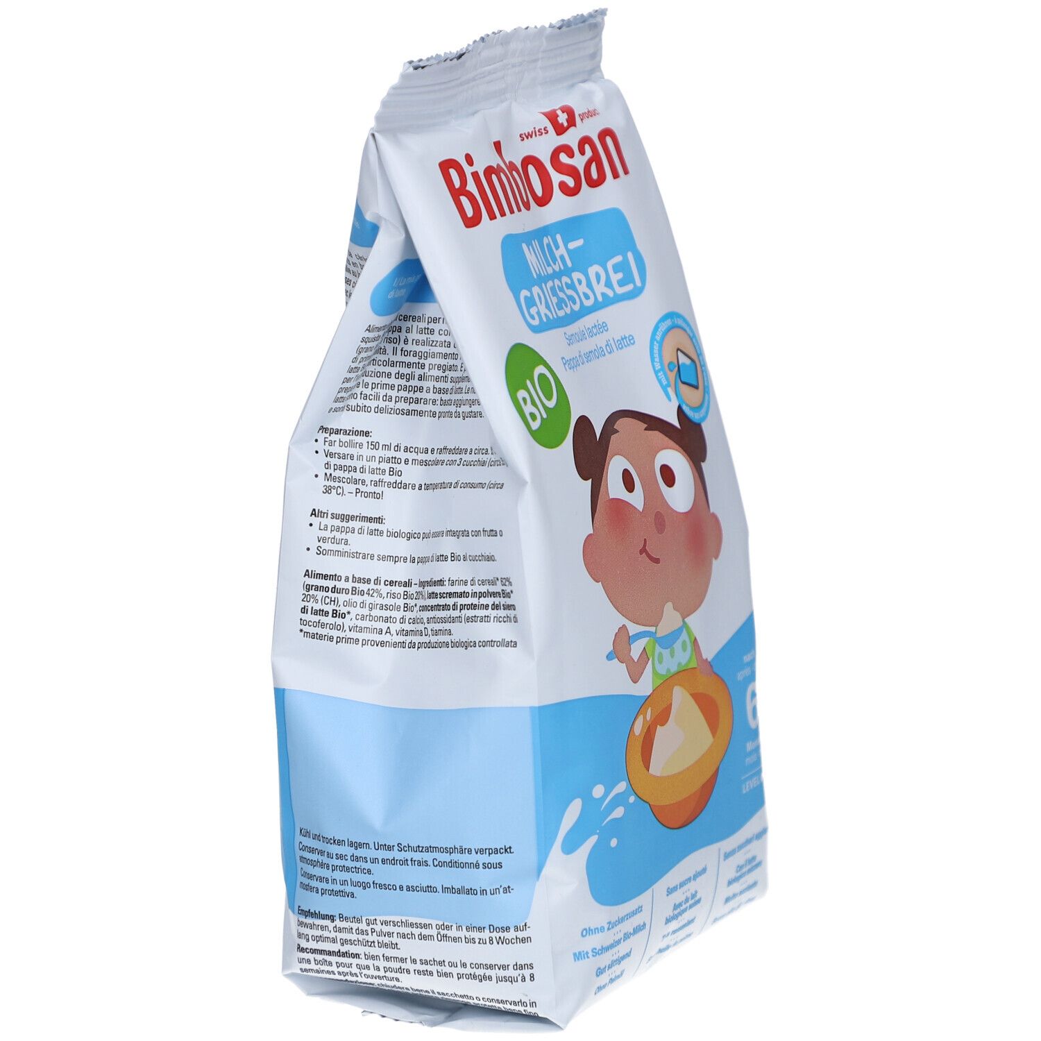 Bimbosan Bio-Milchgriessbrei Beutel, schräg. Rückseite mit Text, Logo und QR-Code. Enthält Informationen zur Zubereitung und Inhaltsstoffen.