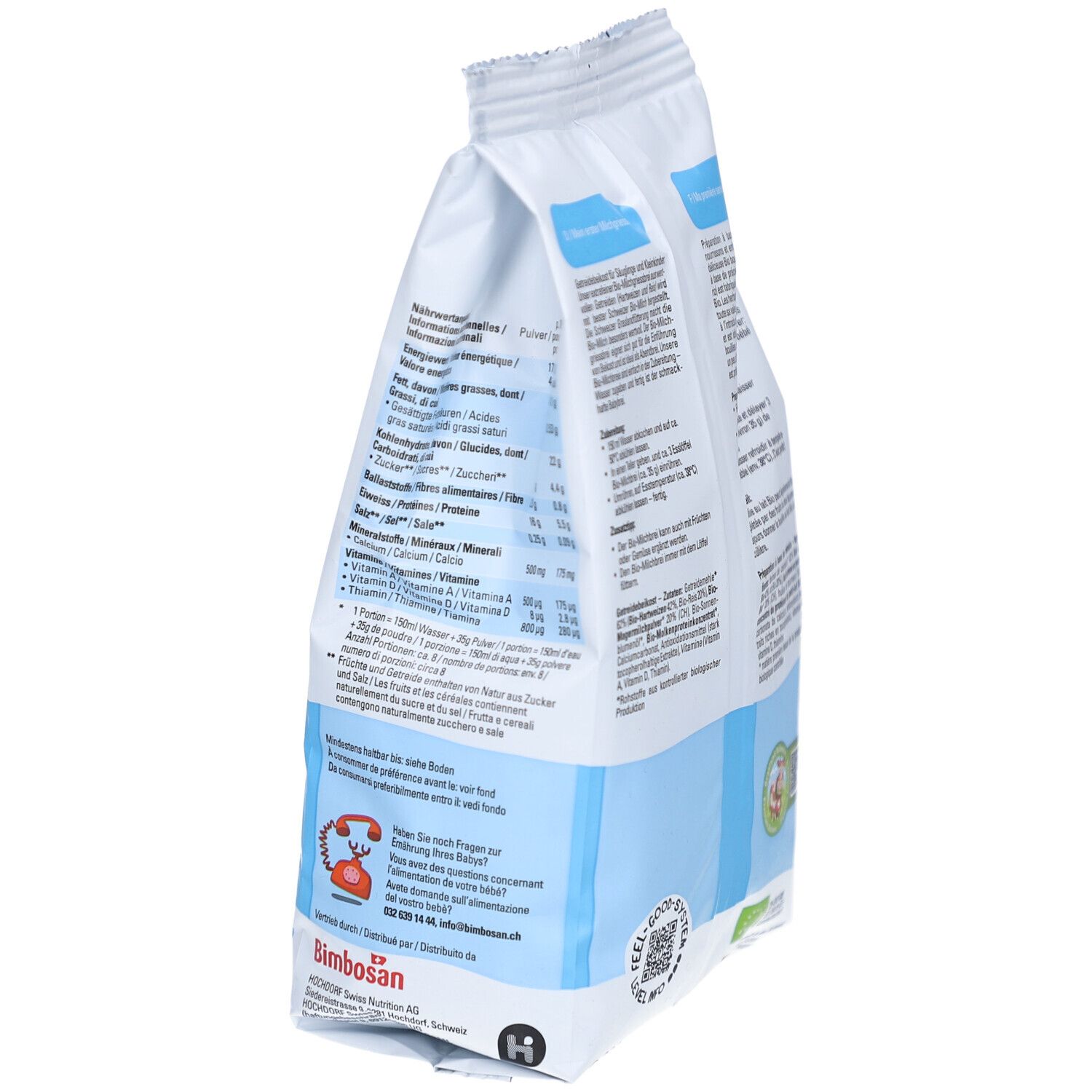 Bimbosan Bio-Milchgriessbrei Beutel, schräg. Seite mit Text und Logo. Enthält Informationen zu Inhaltsstoffen und Nährwerten.