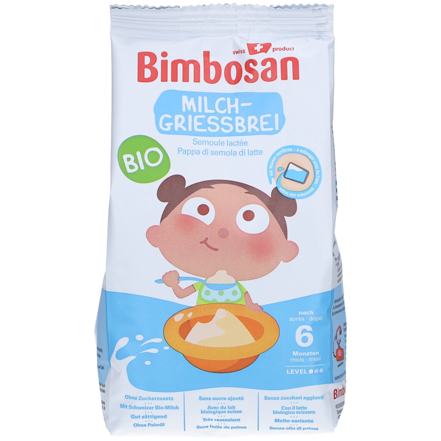 Bimbosan Bio-Milchgriessbrei Beutel. Vorderseite mit Produktabbildung, Logo und Altersempfehlung. Enthält Produktinformationen.