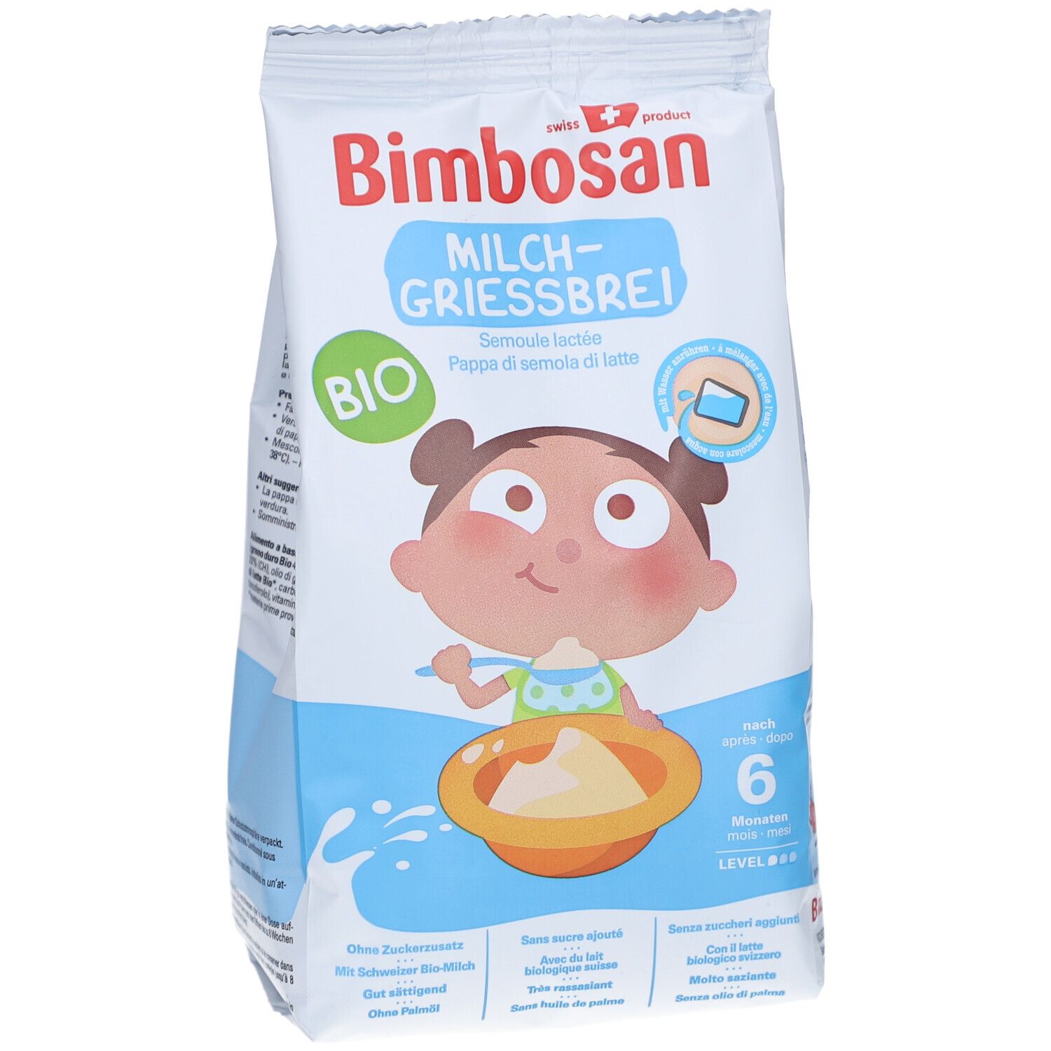 Bimbosan Bio-Milchgriessbrei Beutel. Vorderseite mit Produktabbildung, Logo und Altersempfehlung. Enthält Produktinformationen.