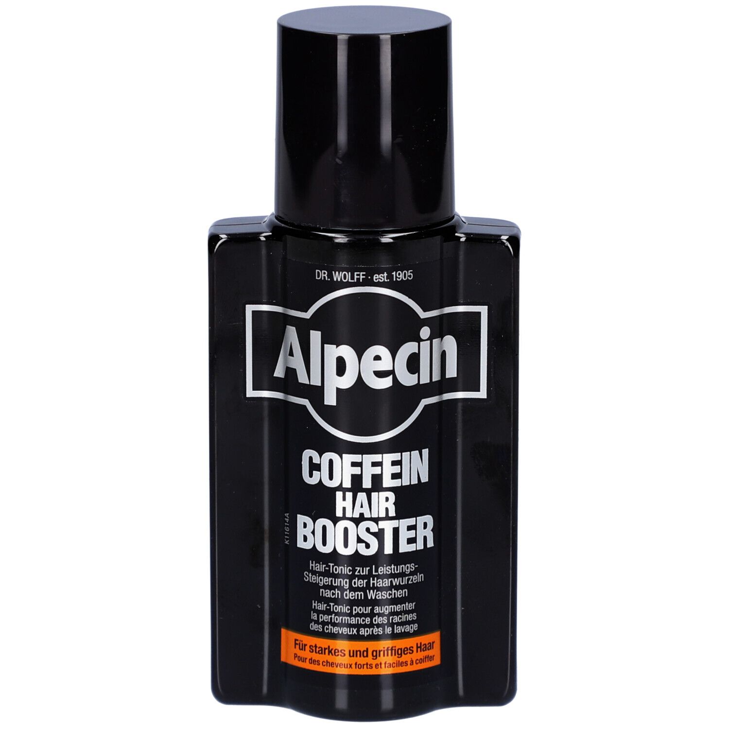 Schwarze Flasche mit weißem Etikett. Aufschrift: Alpecin Coffein Hair Booster. Schwarzer Deckel. Quadratische Form.
