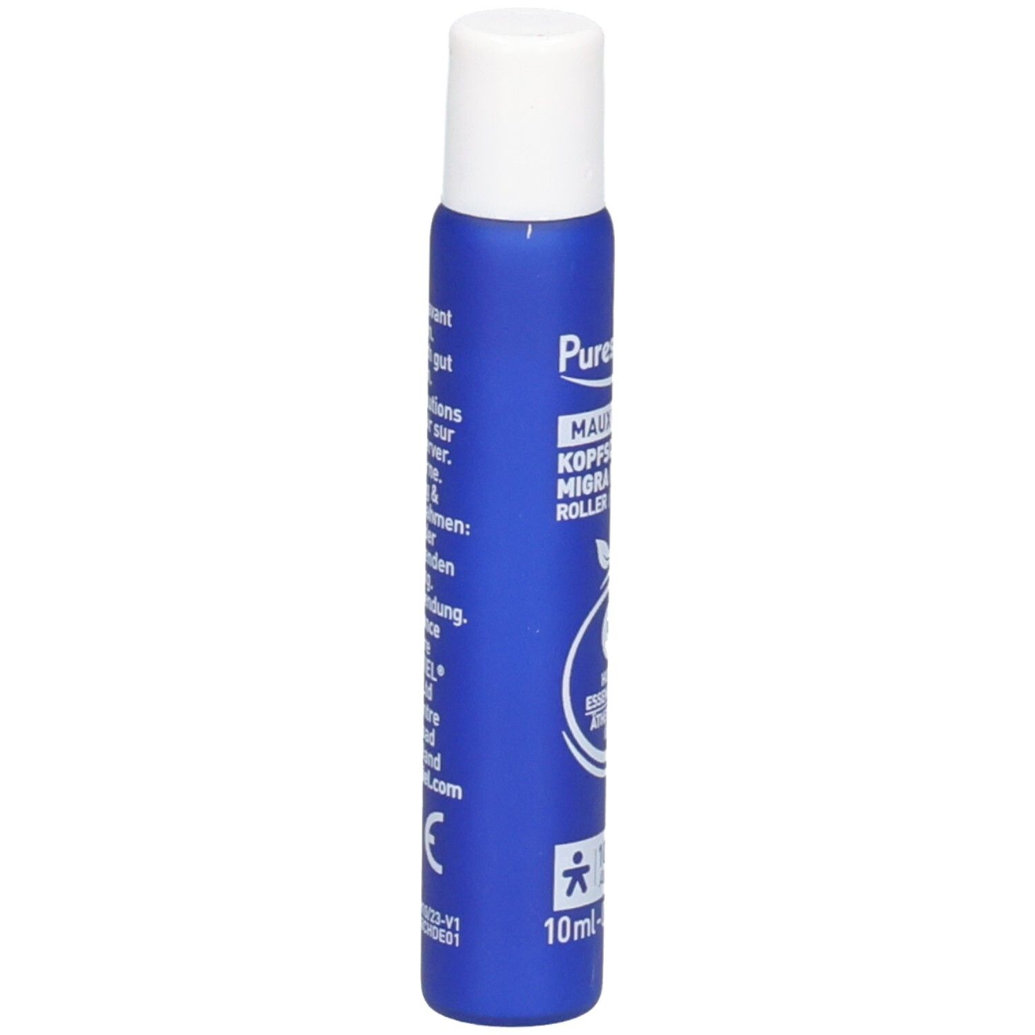 Puressentiel Migra Pure Roll-on gegen Kopfschmerzen, 10ml. Blaue Flasche mit weißem Verschluss.