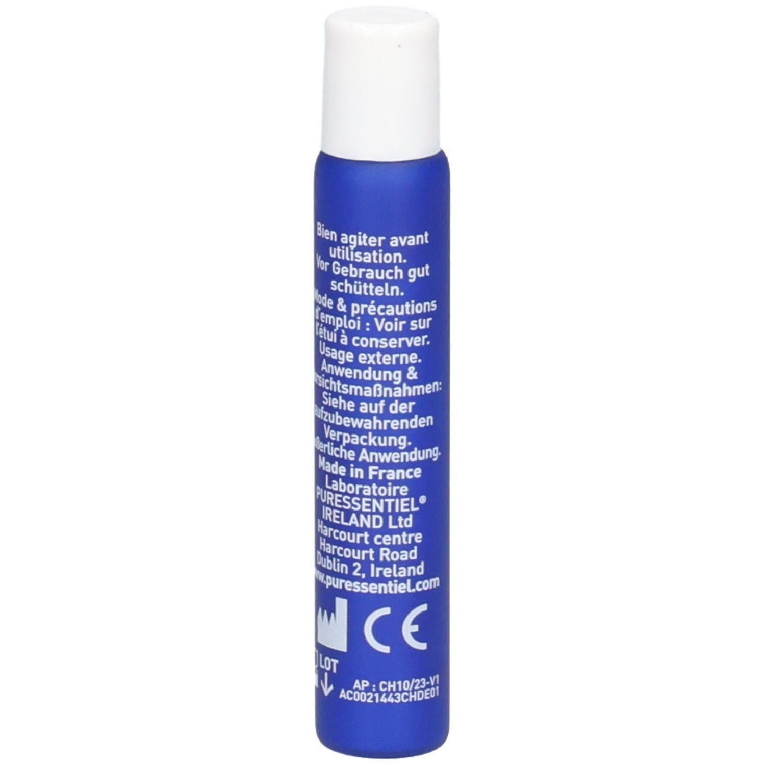 Rückseite der Puressentiel Migra Pure Roll-on Flasche. Enthält Anwendungshinweise und Herstellerinformationen.