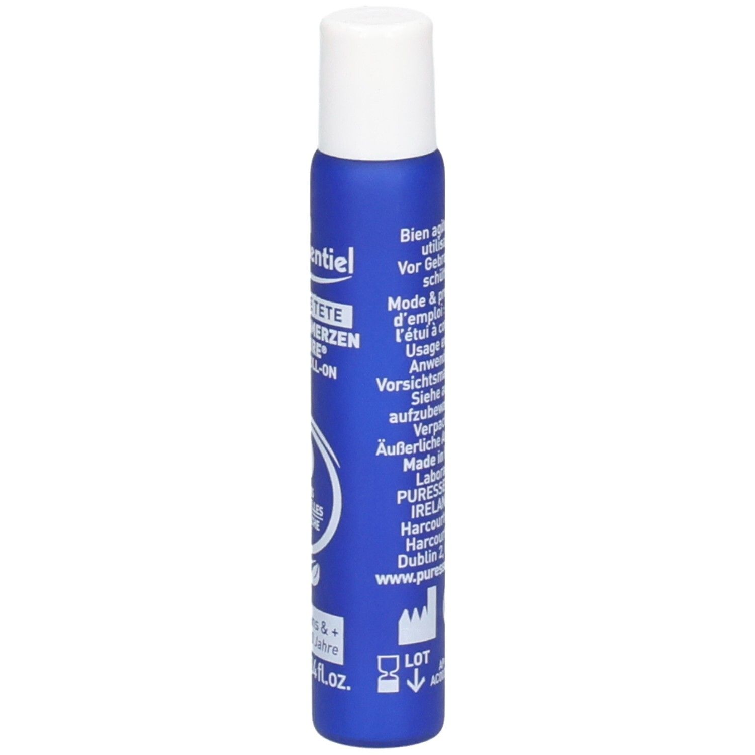 Seitenansicht der Puressentiel Migra Pure Roll-on Flasche mit detaillierten Anwendungshinweisen.