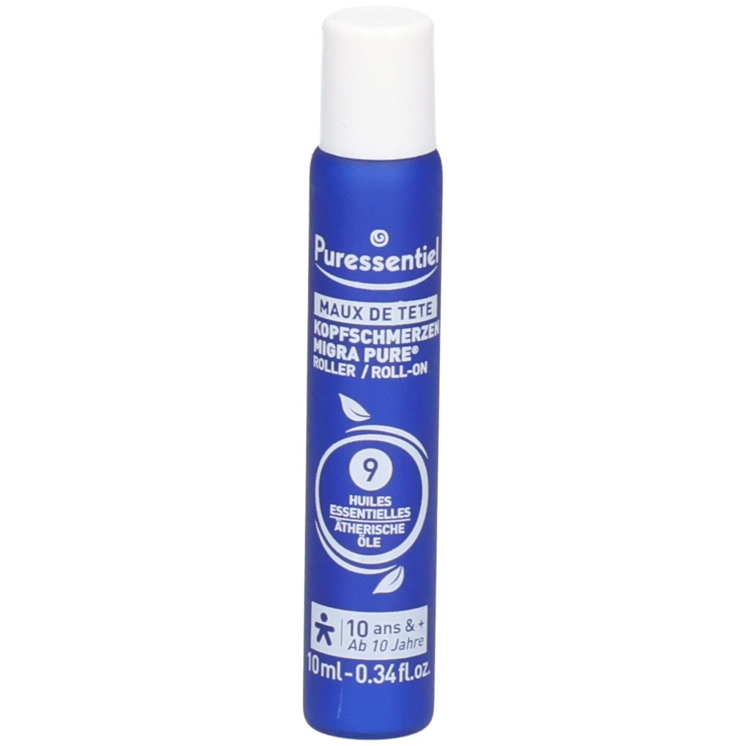 Puressentiel Migra Pure Roll-on: Kopfschmerzen, 10ml. Enthält 9 ätherische Öle. Für Personen ab 10 Jahren.