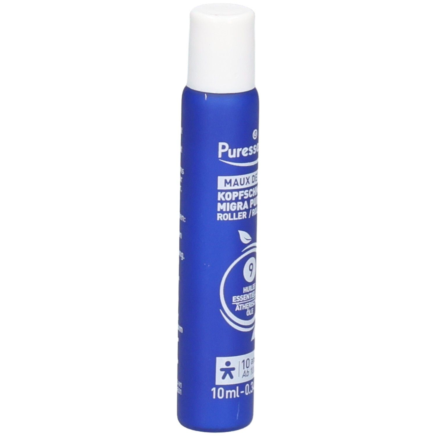 Puressentiel Migra Pure Roll-on gegen Kopfschmerzen. Detailansicht der Flasche mit Produktinformationen.