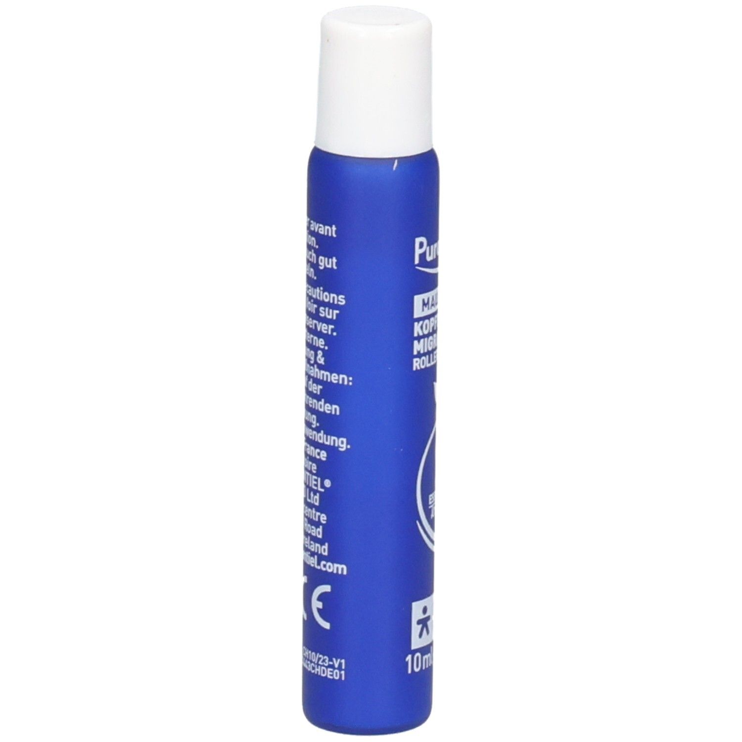 Puressentiel Migra Pure Roll-on Flasche mit Anwendungshinweisen und CE-Kennzeichnung.