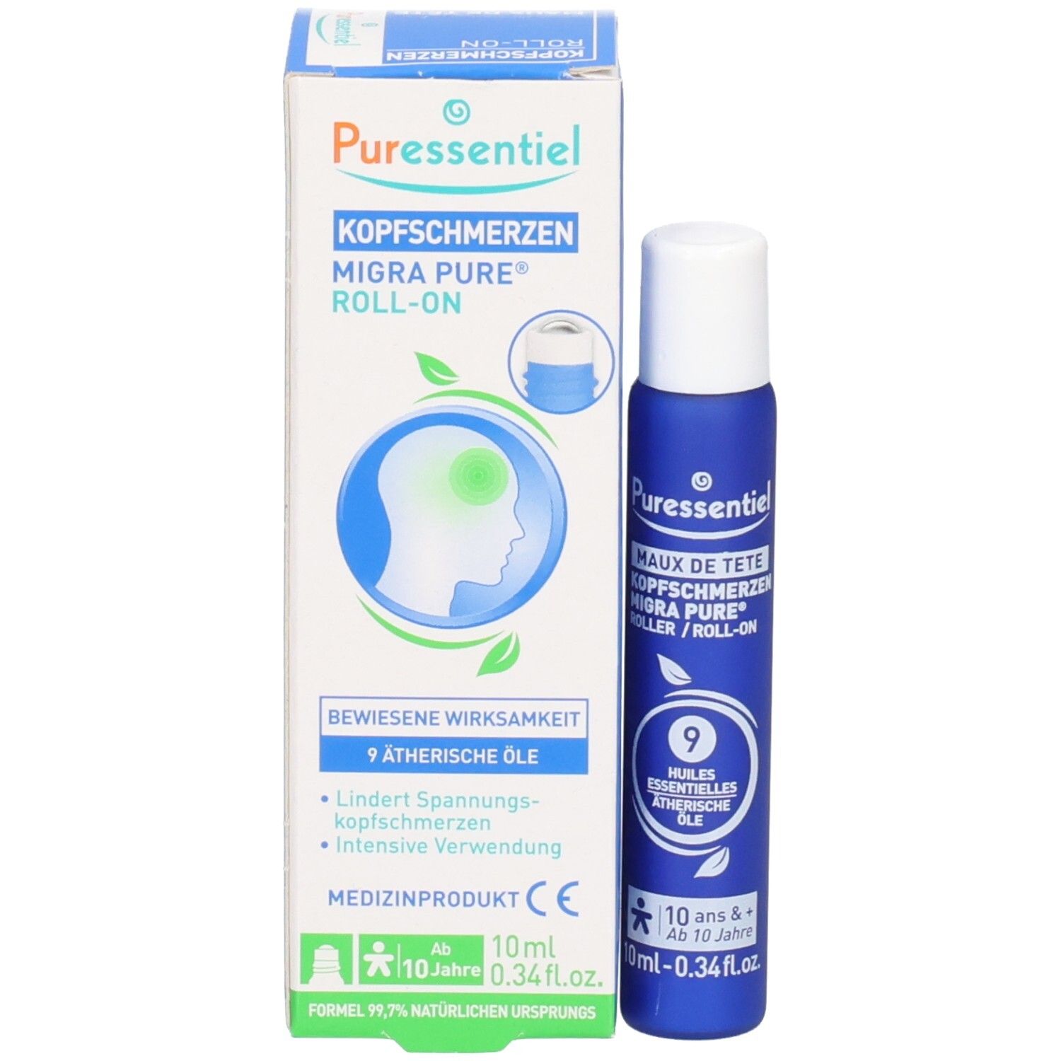 Puressentiel Migra Pure Roll-on und Verpackung. Medizinprodukt zur Linderung von Spannungskopfschmerzen.