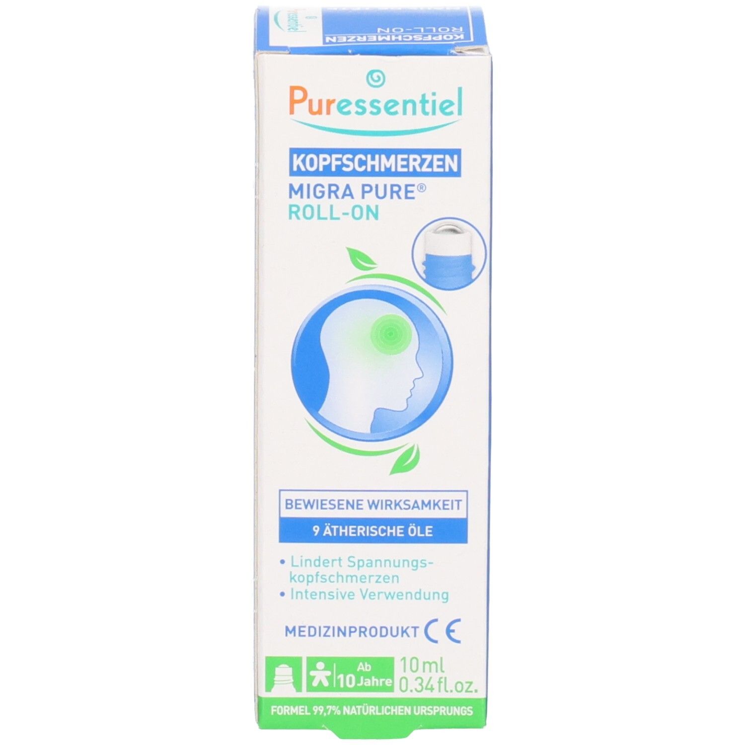 Puressentiel Migra Pure Roll-on Kopfschmerz-Roller und Faltschachtel. 9 ätherische Öle, 10ml.