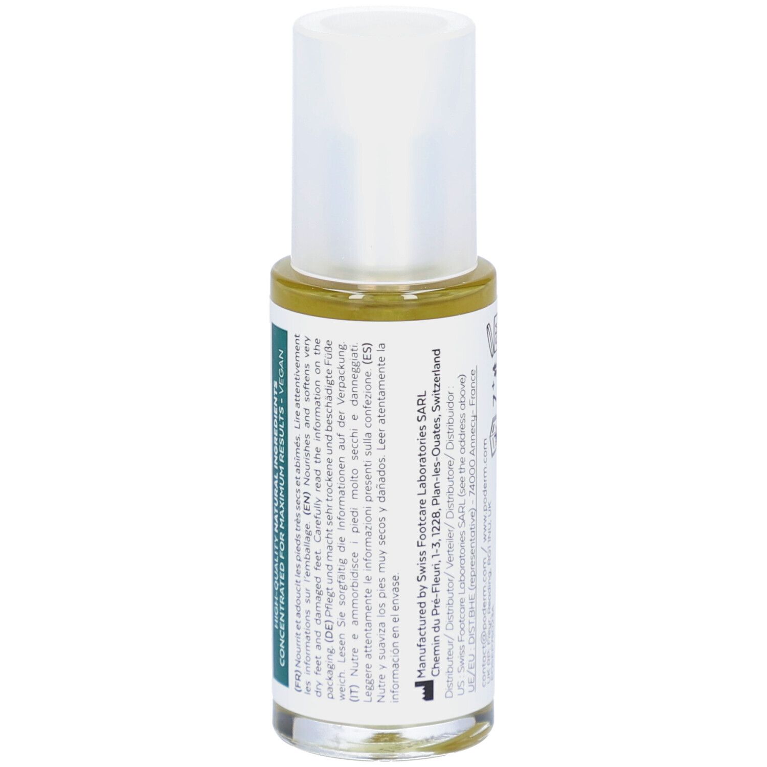 Flacon de sérum avec bouchon blanc. Inscription : PODERM, PIEDS TRÈS SECS ET ABÎMÉS, VERY DRY AND DAMAGED FEET, SERUM. Vegan.