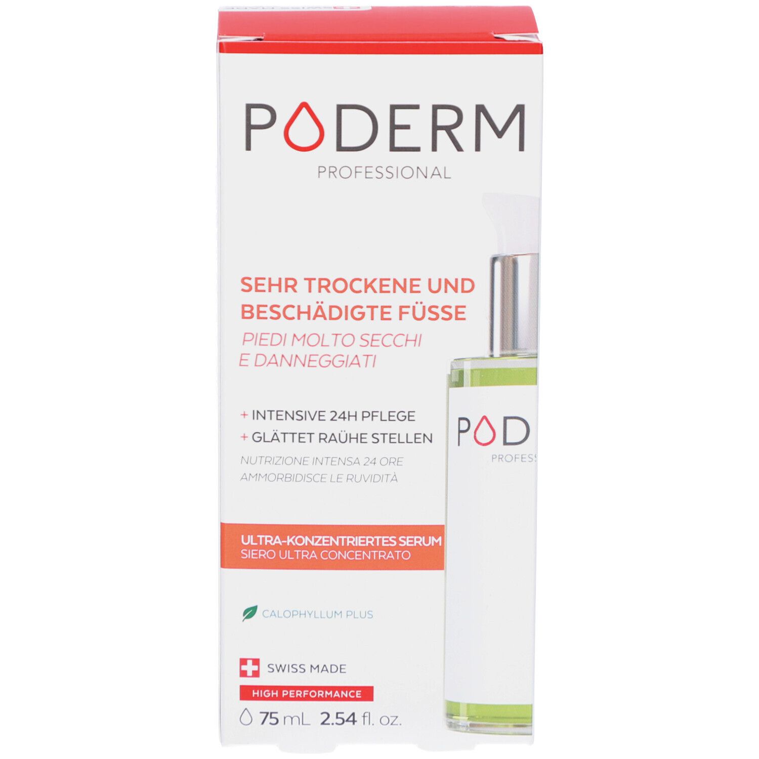 Emballage du produit. Inscription : PODERM, PIEDS TRÈS SECS ET ABÎMÉS, SÉRUM ULTRA-CONCENTRÉ, 75ml.