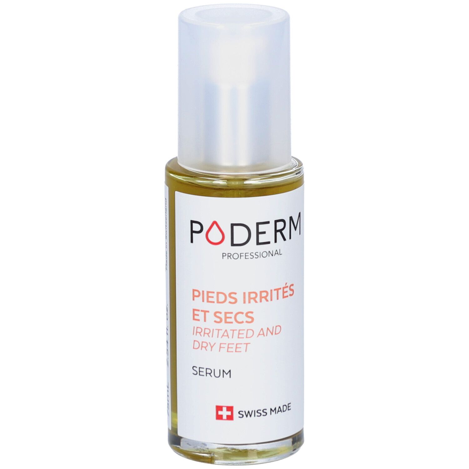 Serumflasche mit weißem Deckel. Aufschrift: PODERM, PIEDS IRRITÉS ET SECS, IRRITATED AND DRY FEET, SERUM, Swiss Made.