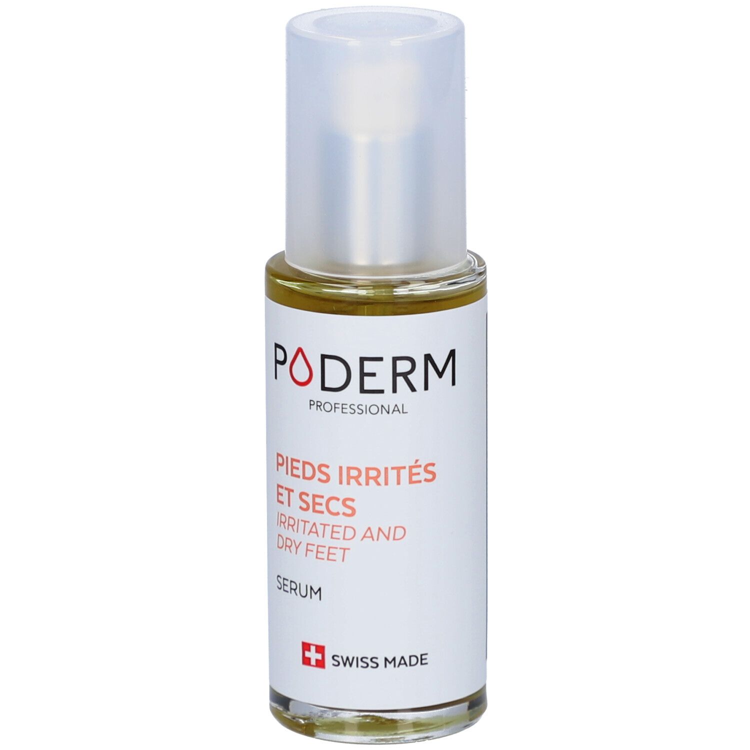 Serumflasche mit weißem Deckel. Aufschrift: PODERM, PIEDS IRRITÉS ET SECS, IRRITATED AND DRY FEET, SERUM, Swiss Made.