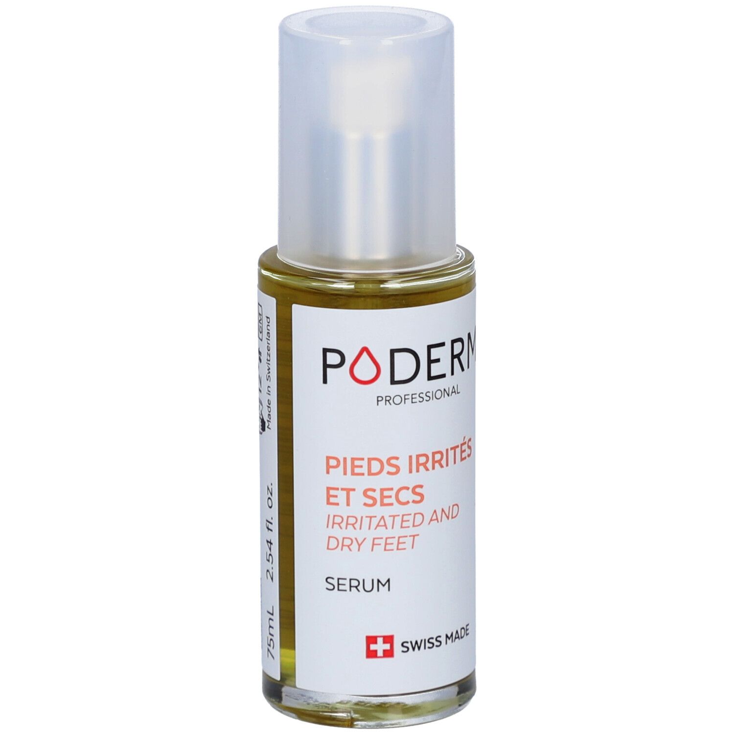 Serumflasche mit weißem Deckel. Aufschrift: PODERM, PIEDS IRRITÉS ET SECS, IRRITATED AND DRY FEET, SERUM, Swiss Made. 75ml, 2.54 fl. oz.