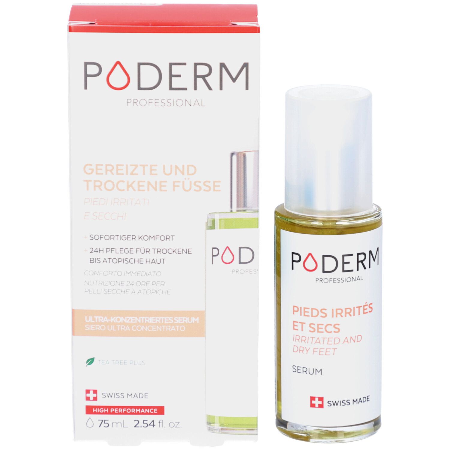 Produkt mit Verpackung. Aufschrift: PODERM, GEREIZTE UND TROCKENE FÜSSE, PIEDS IRRITÉS ET SECS. 75 ml, 2.54 fl. oz.