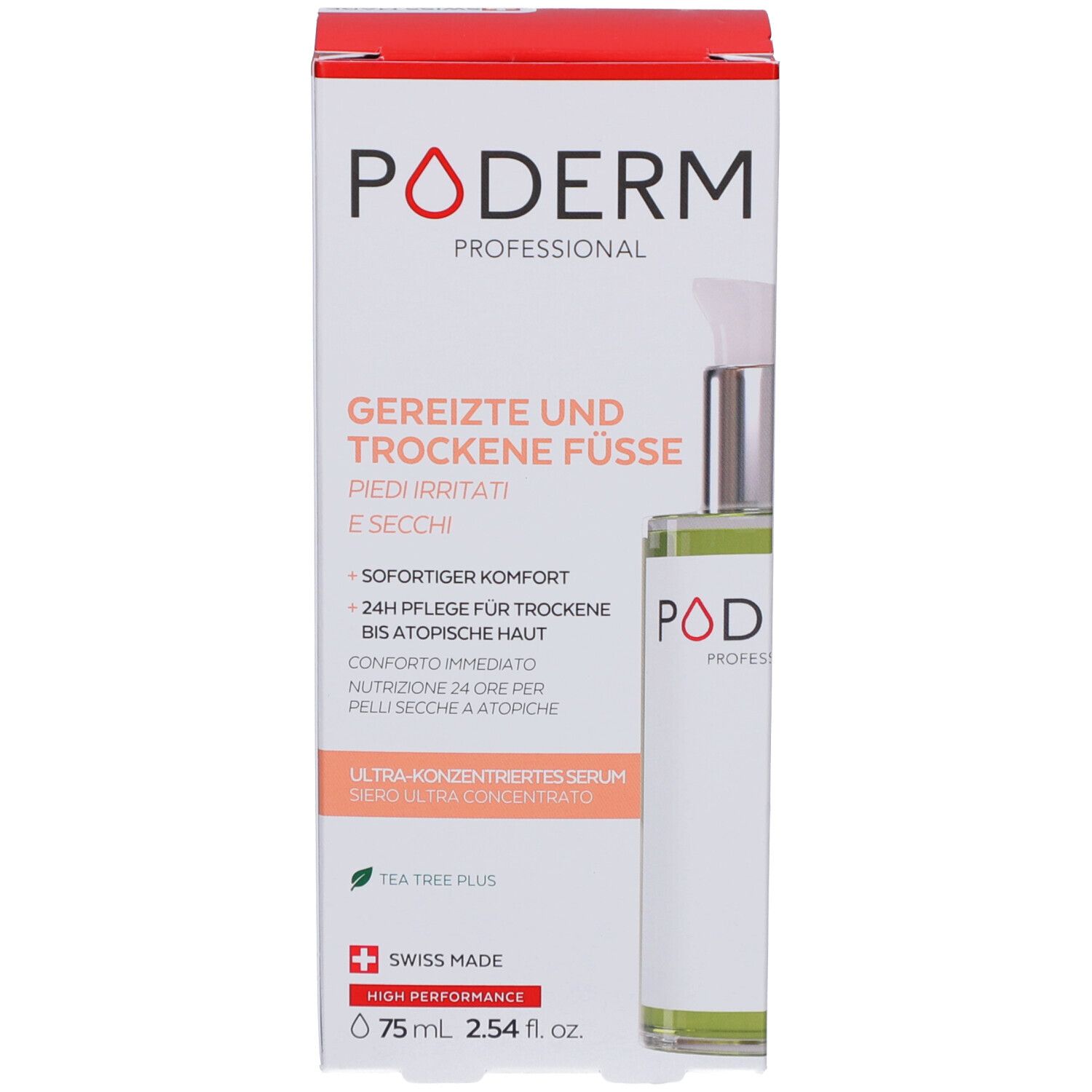Produkt mit Verpackung. Aufschrift: PODERM, GEREIZTE UND TROCKENE FÜSSE, PIEDS IRRITÉS ET SECS. 75 ml, 2.54 fl. oz.