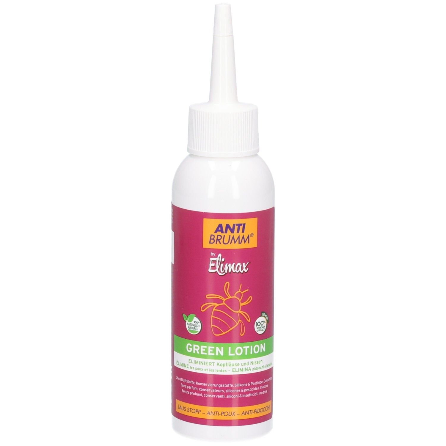 Flacon avec applicateur : Anti Brumm by Elimax Green Lotion. Avec symbole d'insecte et bande verte.