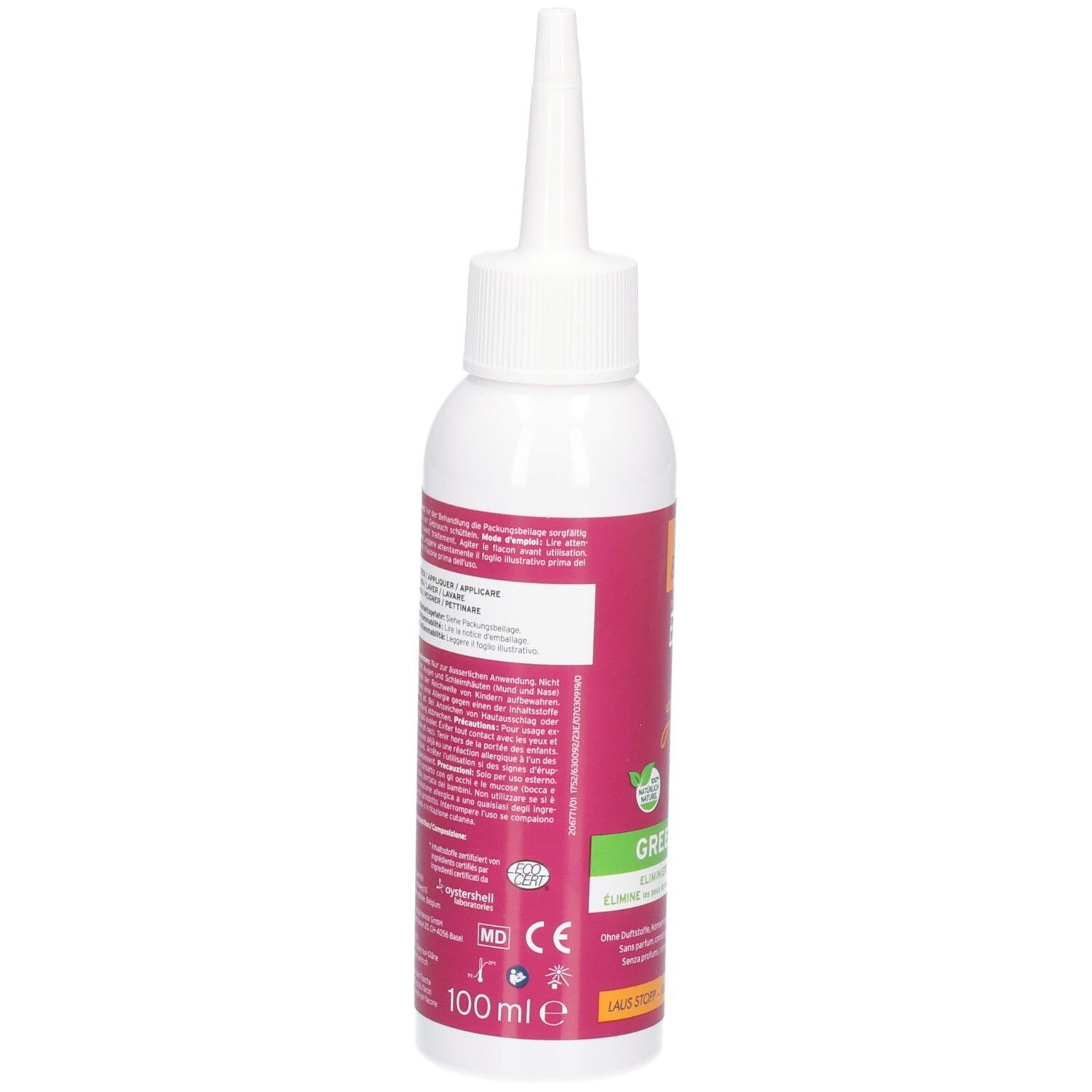 Arrière du flacon : Anti Brumm by Elimax Green Lotion. Contient des instructions d'utilisation et des ingrédients.