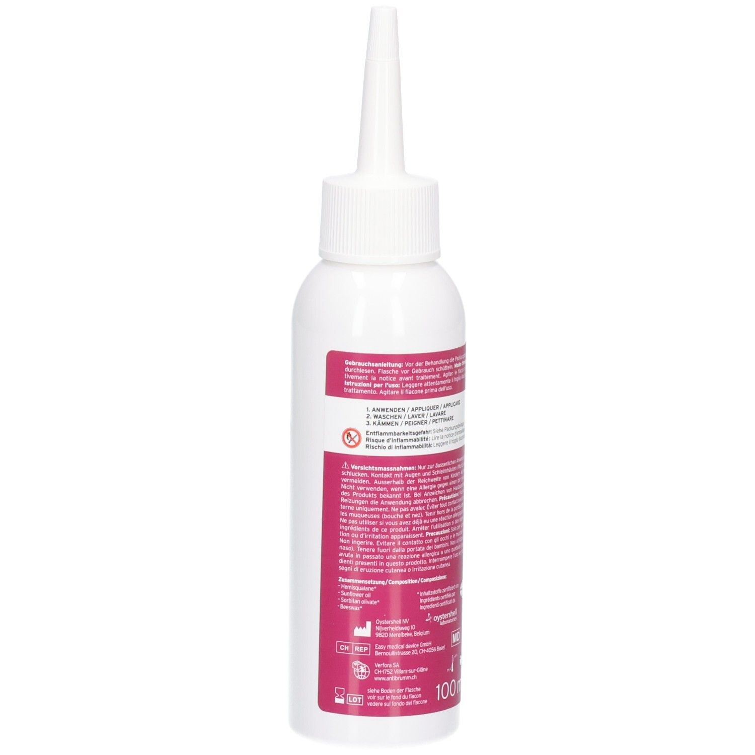 Vue latérale du flacon : Anti Brumm by Elimax Green Lotion. Avec applicateur et étiquette.