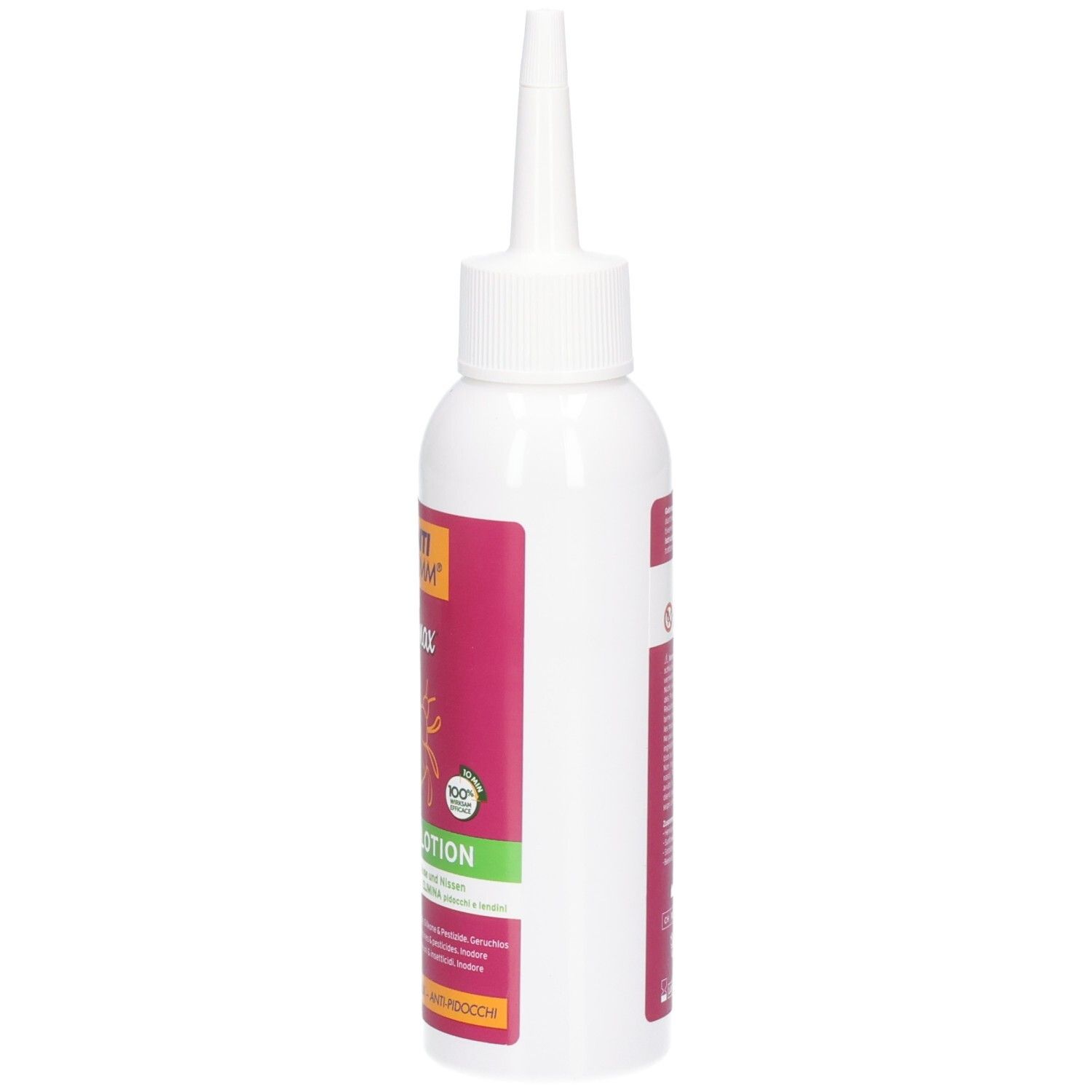 Vue latérale du flacon : Anti Brumm by Elimax Green Lotion. Montre l'applicateur blanc et le goulot.