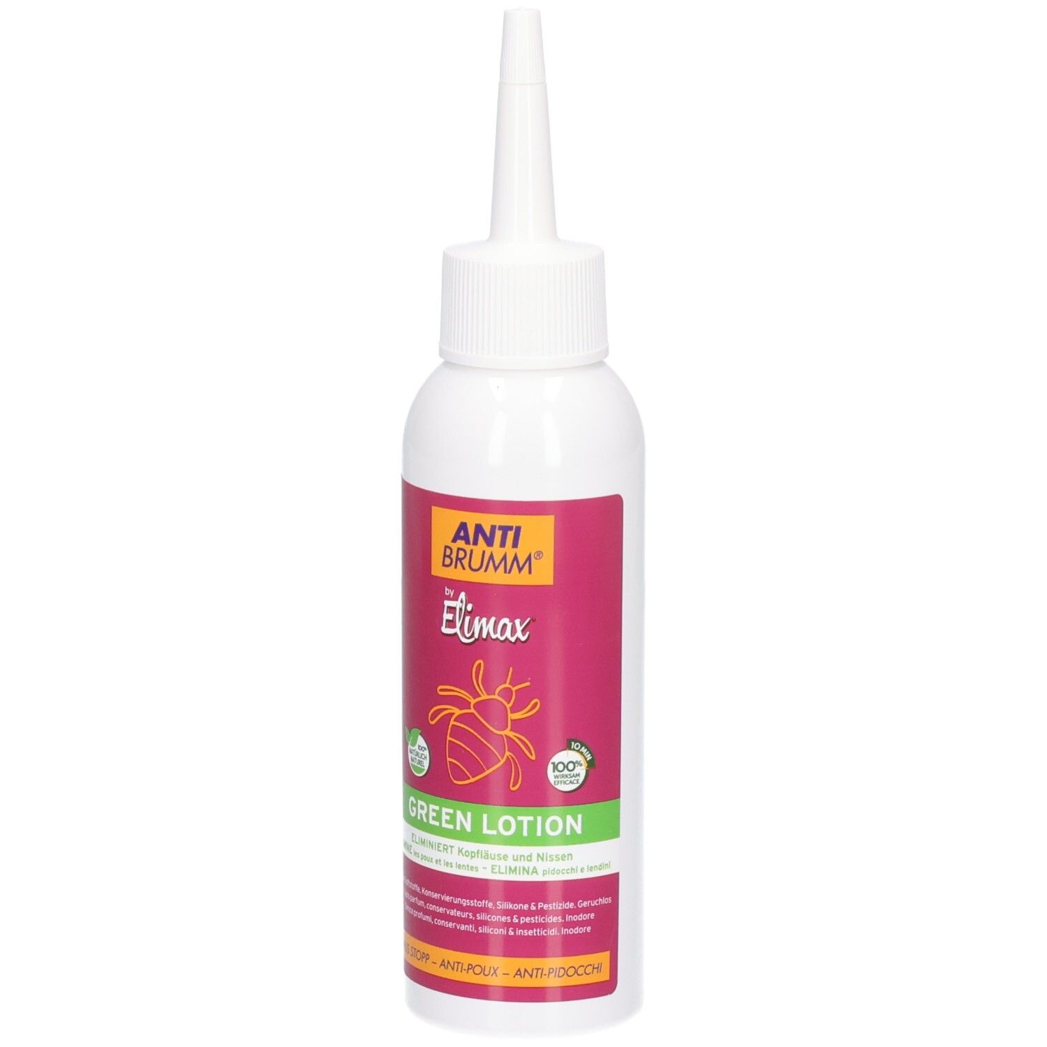 Flacon avec applicateur : Anti Brumm by Elimax Green Lotion. Face avant avec logo d'insecte et nom du produit.