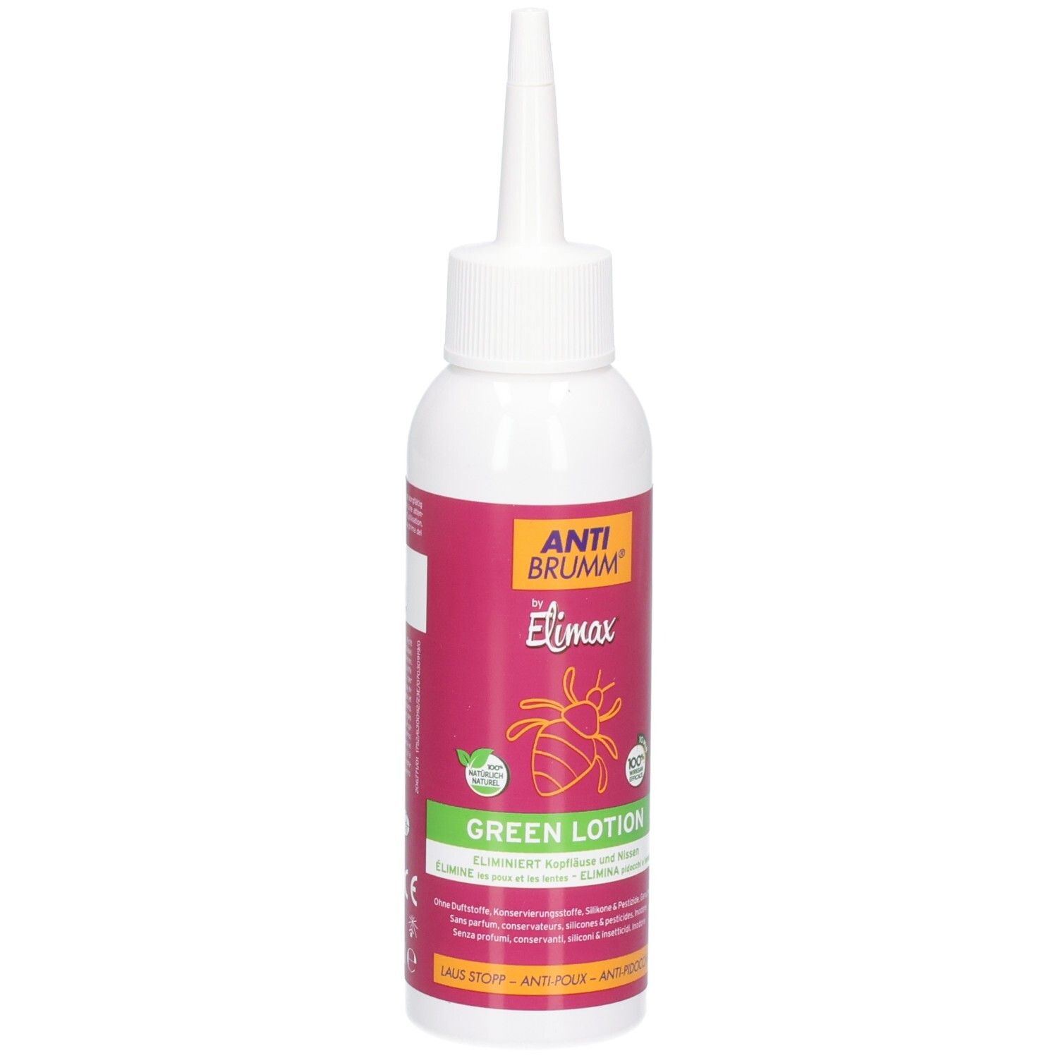 Vue de face du flacon : Anti Brumm by Elimax Green Lotion. Avec étiquette rouge et bouchon blanc.
