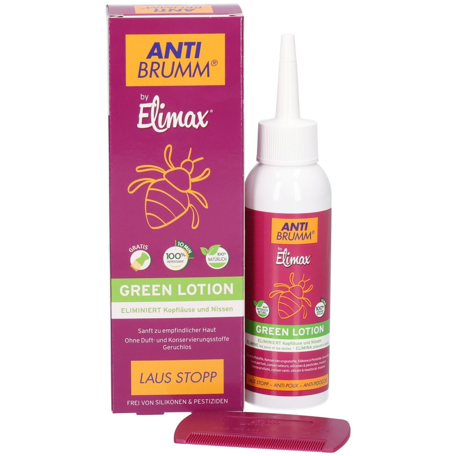 Ensemble produit : Flacon Anti Brumm by Elimax Green Lotion et boîte en carton. Avec peigne.