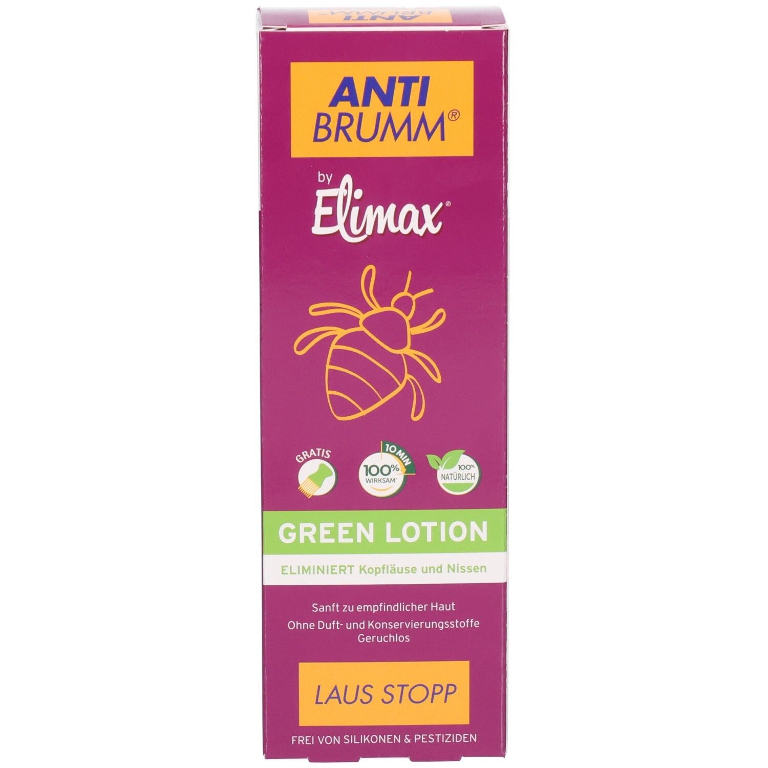 Boîte en carton : Anti Brumm by Elimax Green Lotion. Avec illustration d'insecte et informations produit.