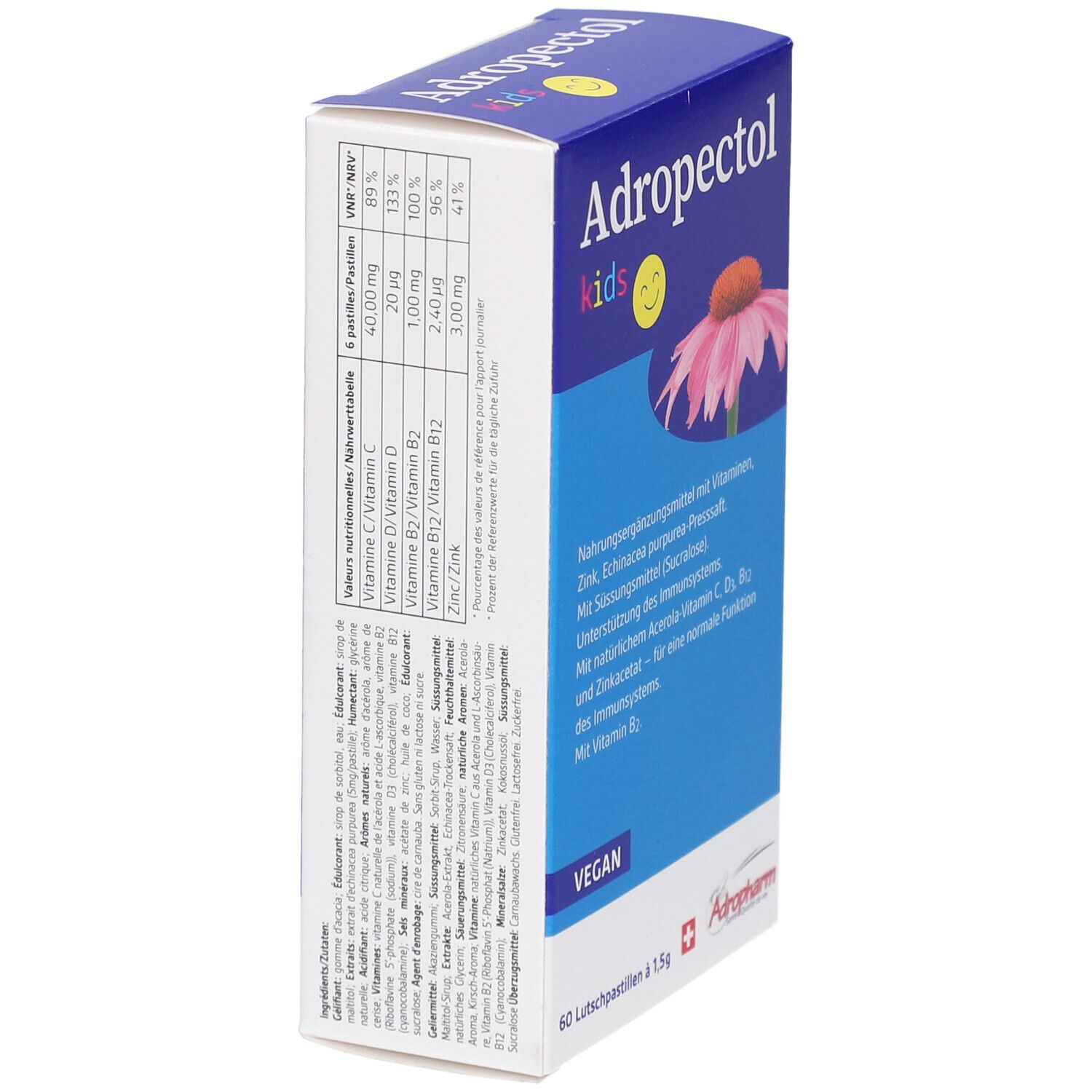 Rückseite der "Adropectol kids"-Schachtel. Enthält Nährwertangaben und Inhaltsstoffe. Vegan-Siegel.