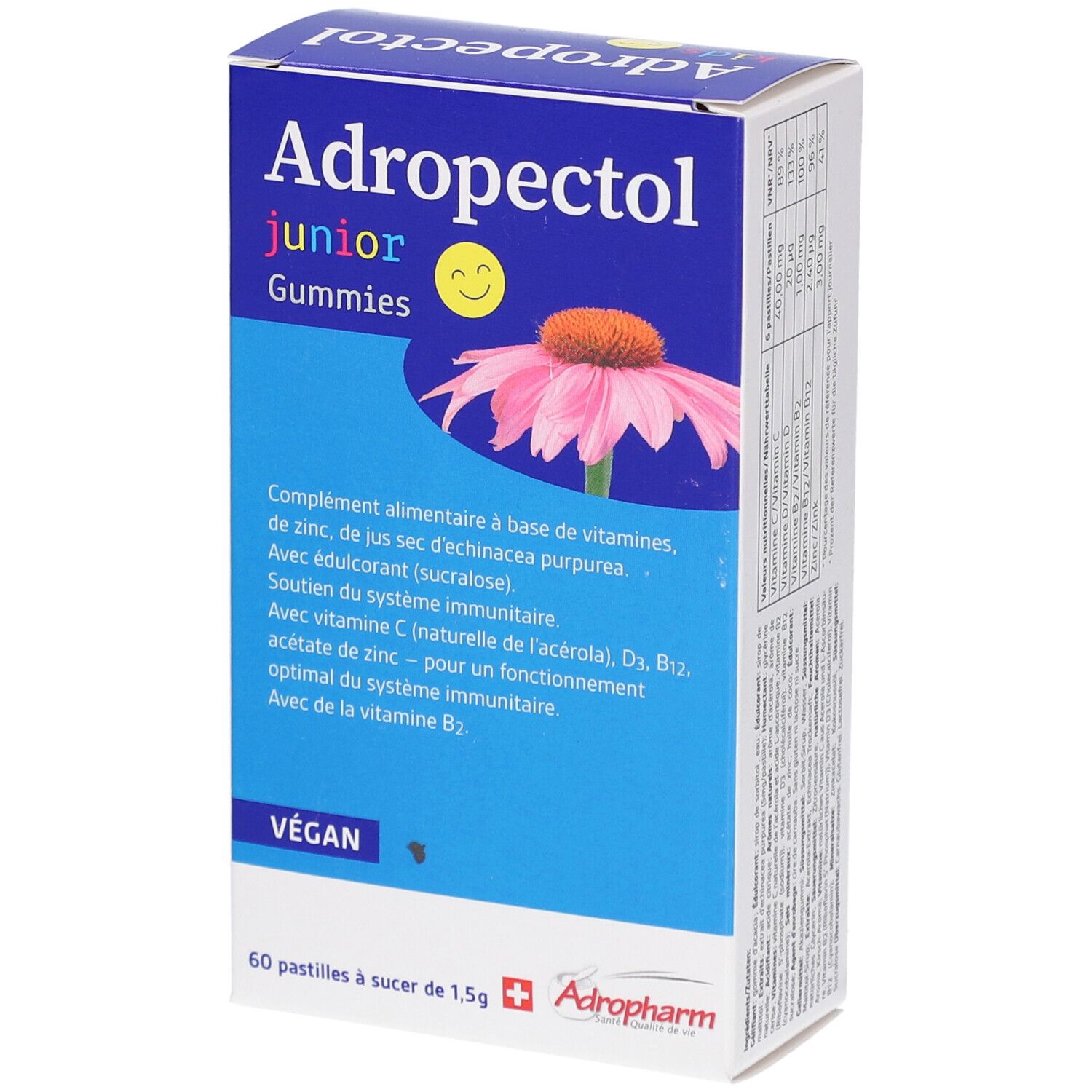 Blau-weiße Schachtel "Adropectol junior Gummies". Enthält 60 Pastillen. Abbildung einer Blüte. Vegan.