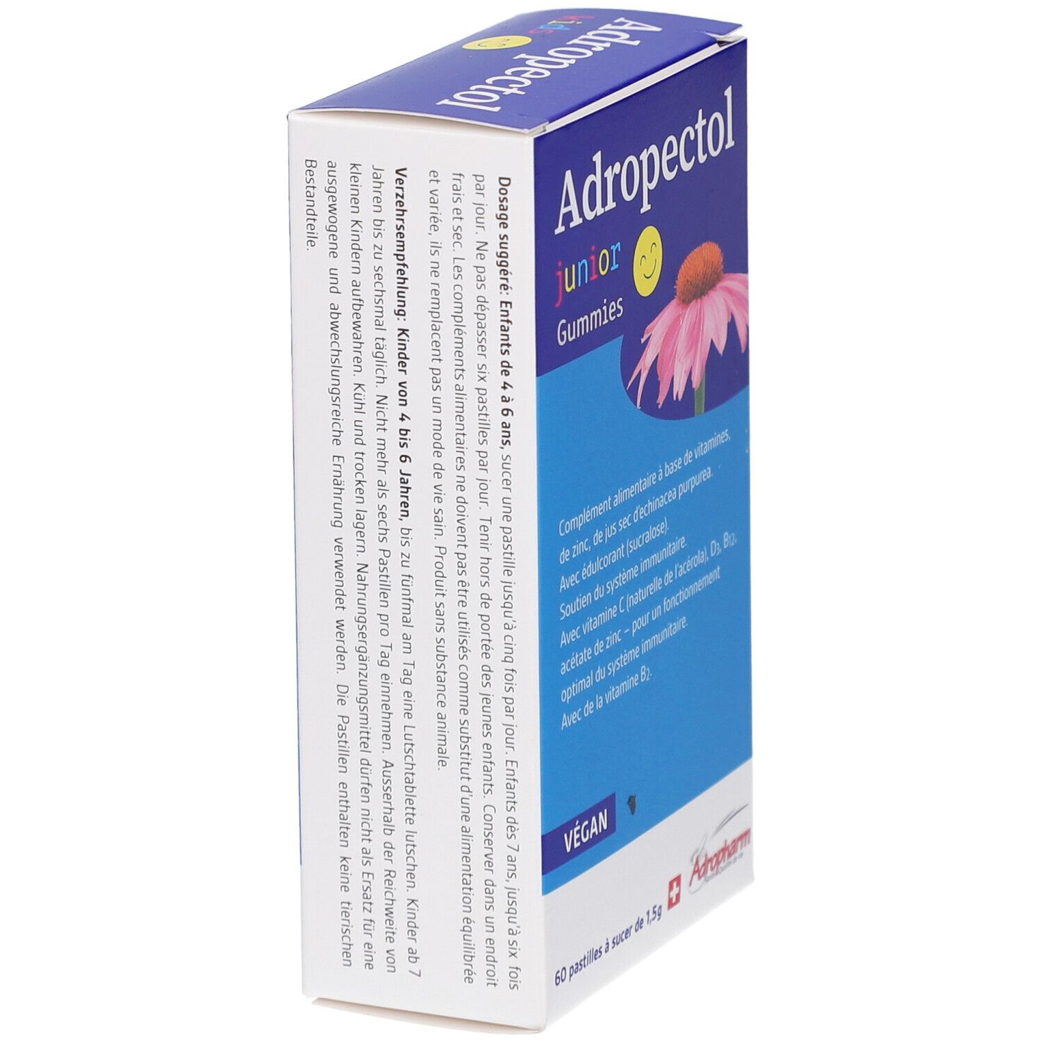 Rückseite der "Adropectol junior Gummies"-Schachtel. Enthält Dosierungsanweisungen. Vegan-Siegel.