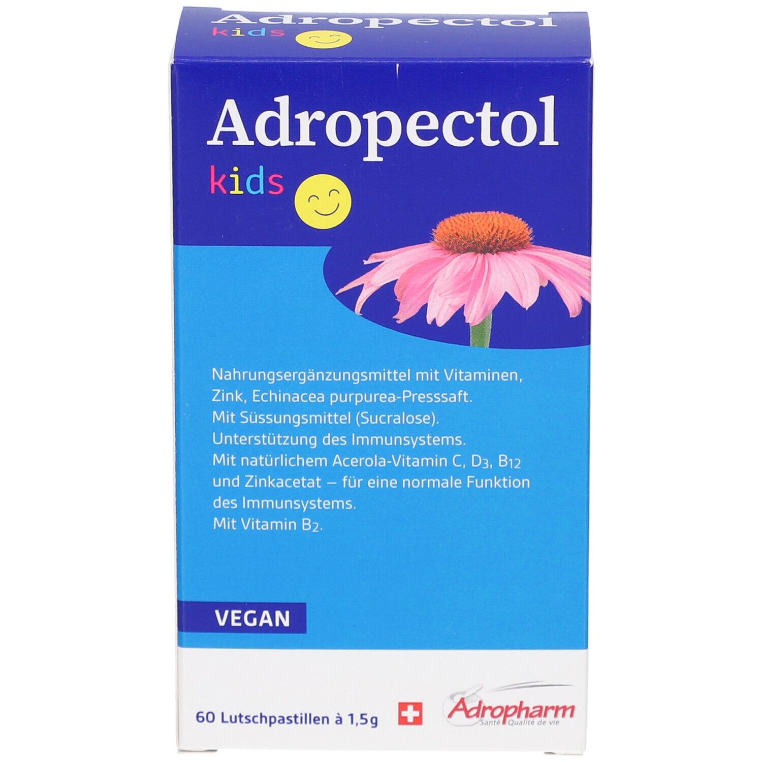 Blau-weiße Schachtel mit "Adropectol kids". Enthält 60 Lutschpastillen. Abbildung einer Blüte. Vegan.