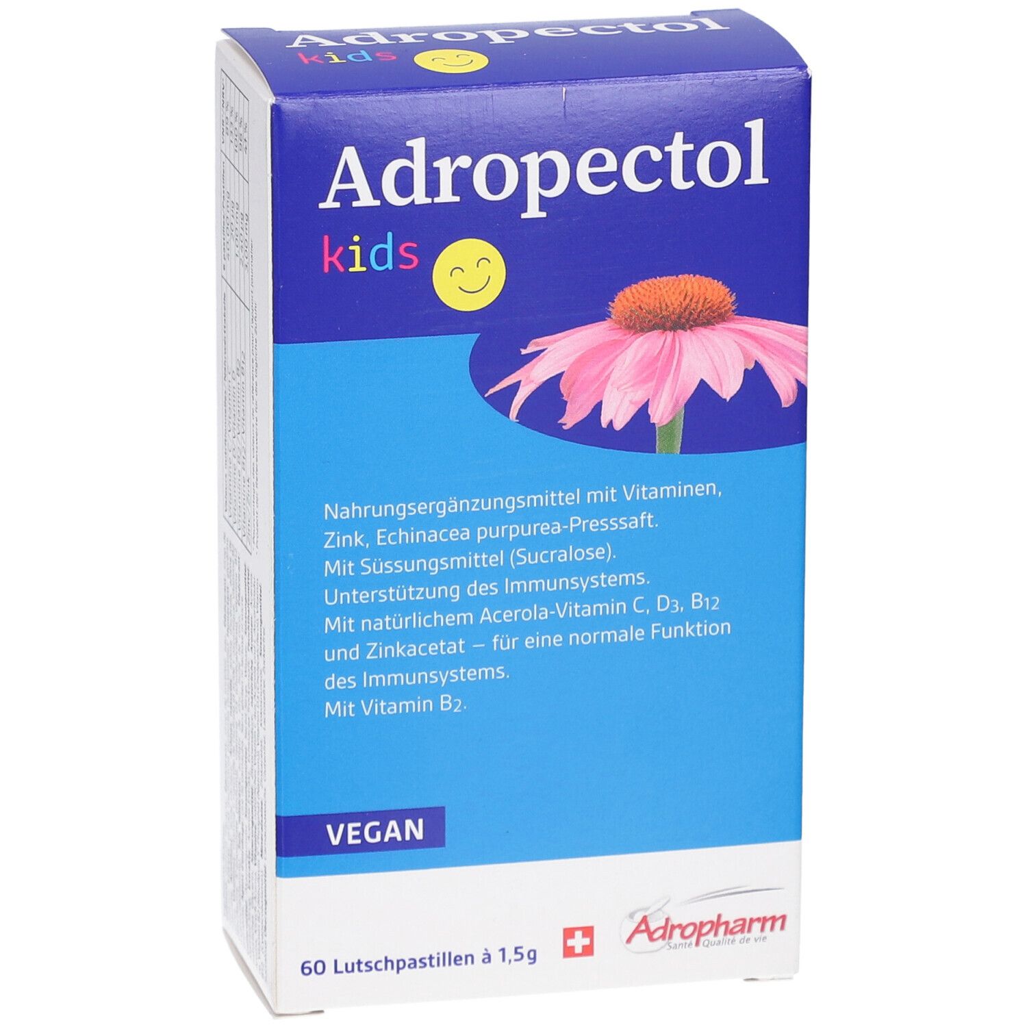 Blau-weiße Schachtel mit "Adropectol kids". Enthält 60 Lutschpastillen. Abbildung einer Blüte. Vegan.