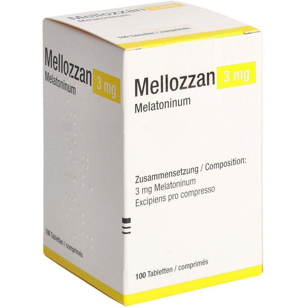 Weißer Karton mit gelben Akzenten. Aufschrift: Mellozzan 3 mg, Melatoninum. Enthält 100 Tabletten.