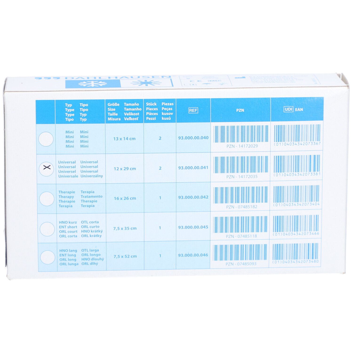 Weiße Verpackung. Text: DAHLHAUSEN. Produktinformationen, Barcodes. Größe: 12 x 29 cm. Stück: 2. Artikelnummern.