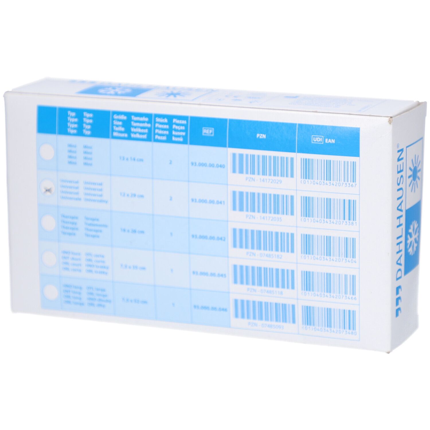 Rückseite der Verpackung. Produktinformationen, Barcodes und technische Daten. DAHLHAUSEN Logo.