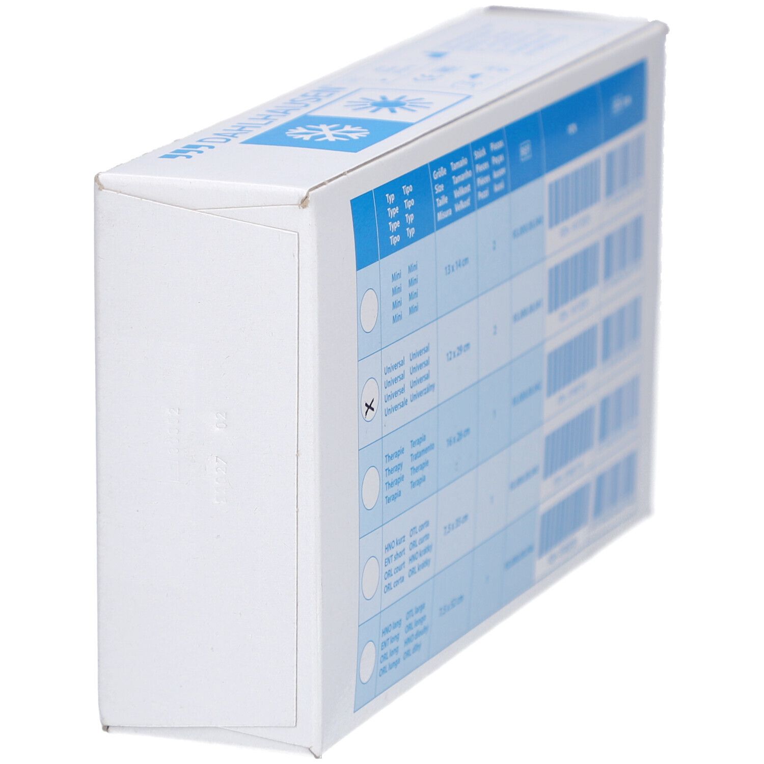 Weiße Verpackung, schräge Ansicht. Produktinformationen und Barcodes auf der Rückseite.